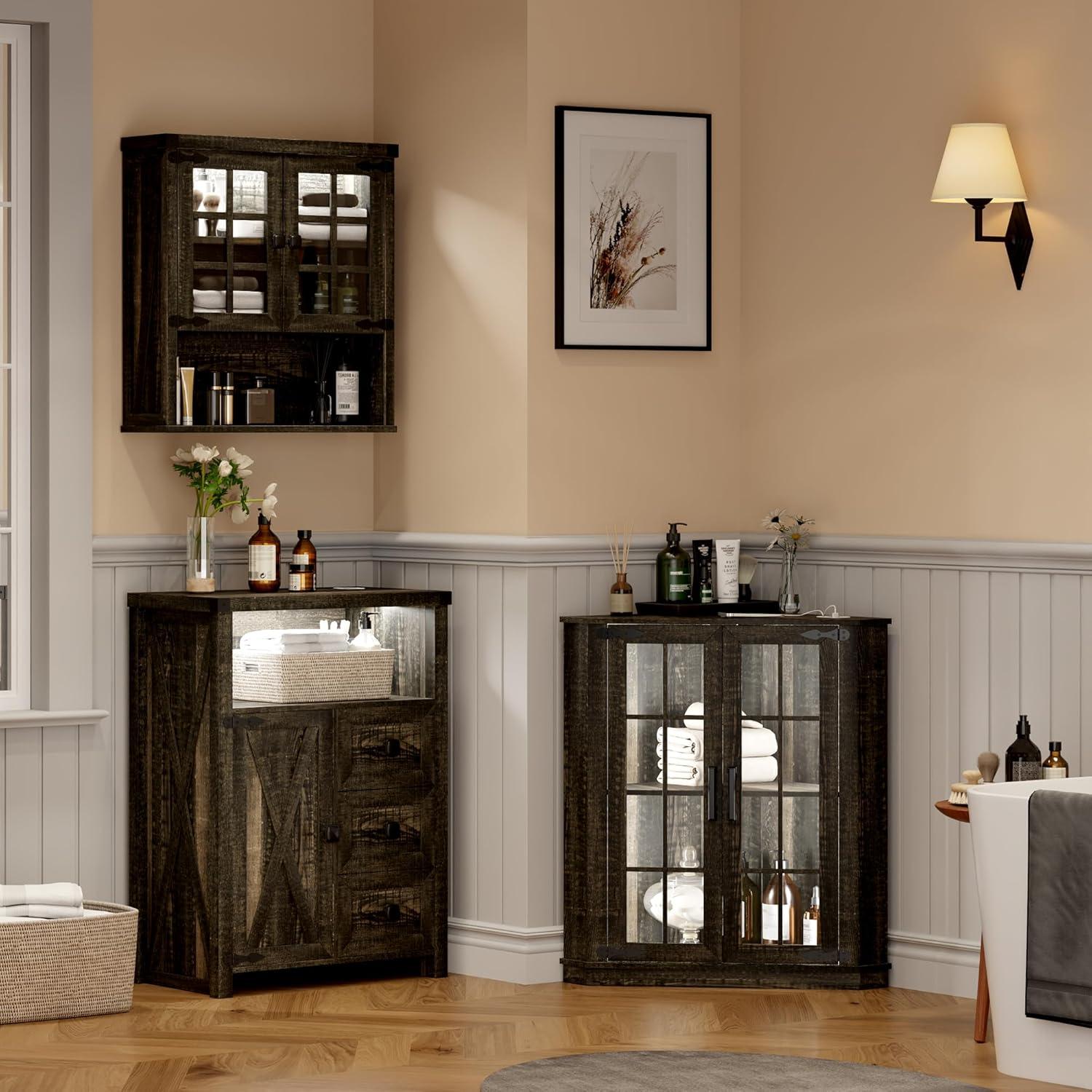 Farmhouse Corner Cabinet with LED Light, Small Bathroom Cabinet with 2 Doors, Free Standing Home Floor Corner Storage Cabinet for Laundry Room, Living Room or Kitchen, Rustic Brown