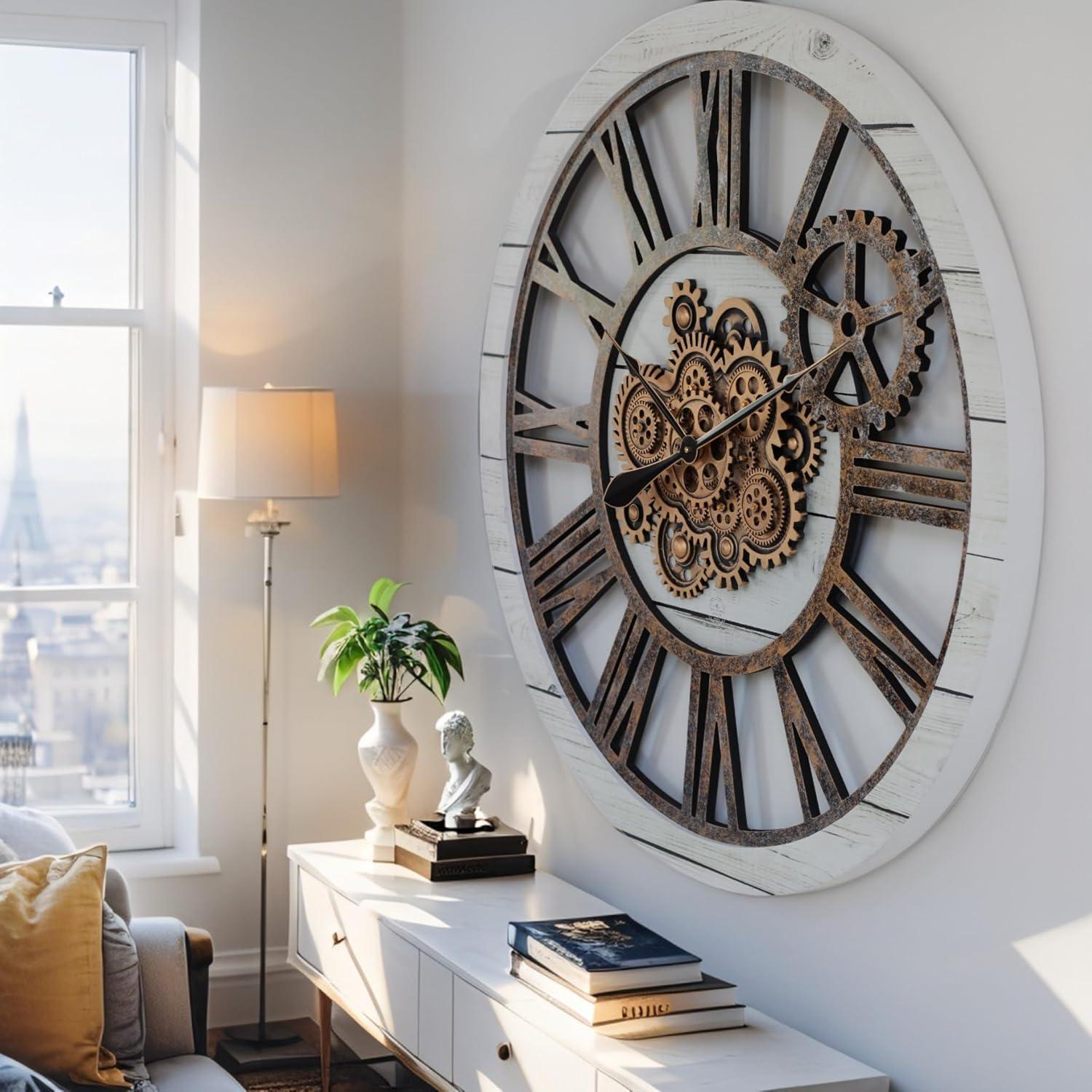 The Gears Clock Wall Clock 36" Round Oversized for Living Room decor with Real Moving Gears America Collection