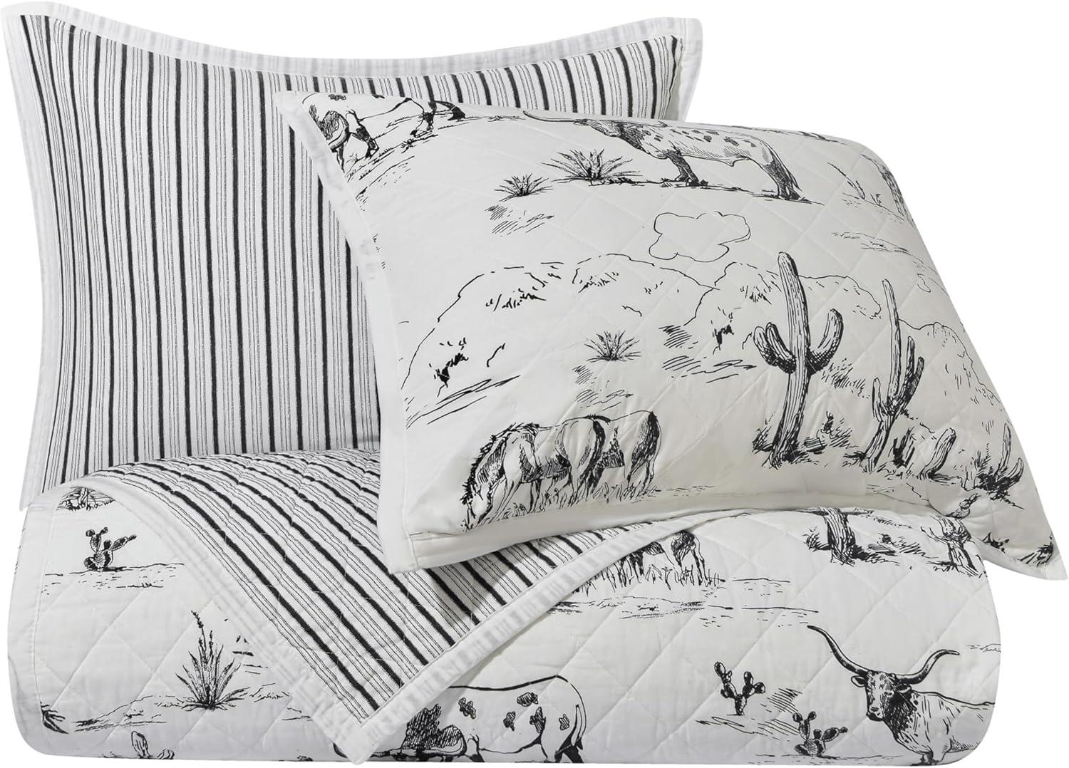 Paseo Road by HiEnd Accents Ranch Life White/Black Cotton Reversible Western Rustic Farmhouse 3 Piece Quilt Set
