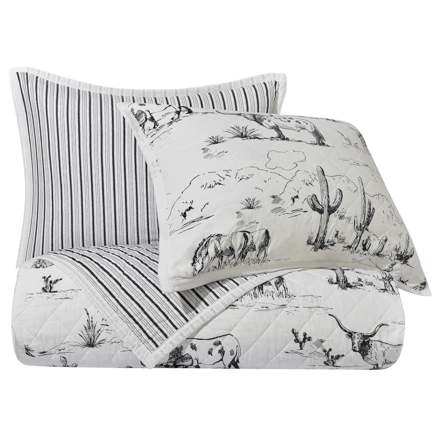 Paseo Road by HiEnd Accents Ranch Life White/Black Cotton Reversible Western Rustic Farmhouse 3 Piece Quilt Set
