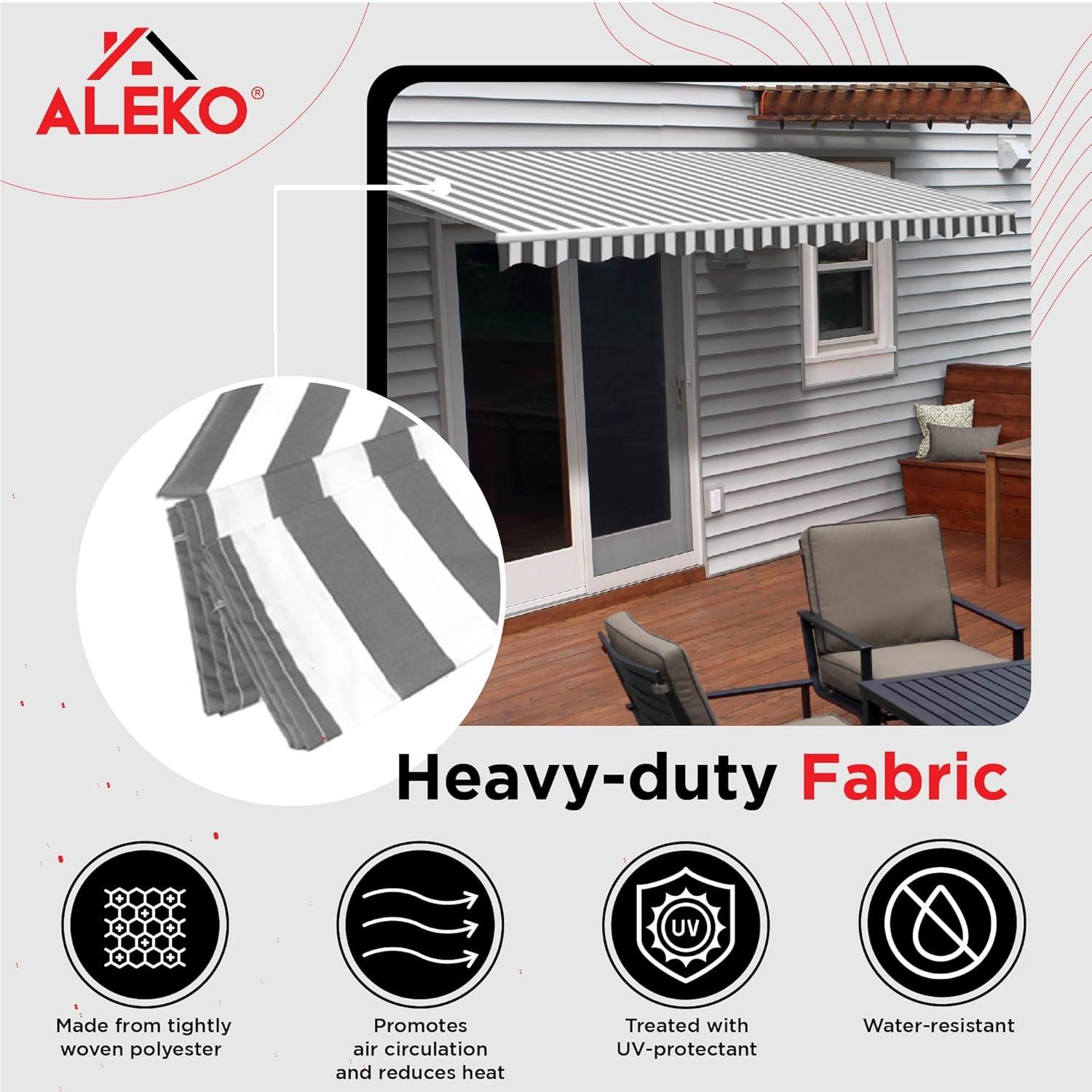 ALEKO 10'x8' Retractable Patio Awning Fabric Replacement, Grey White Striped Color