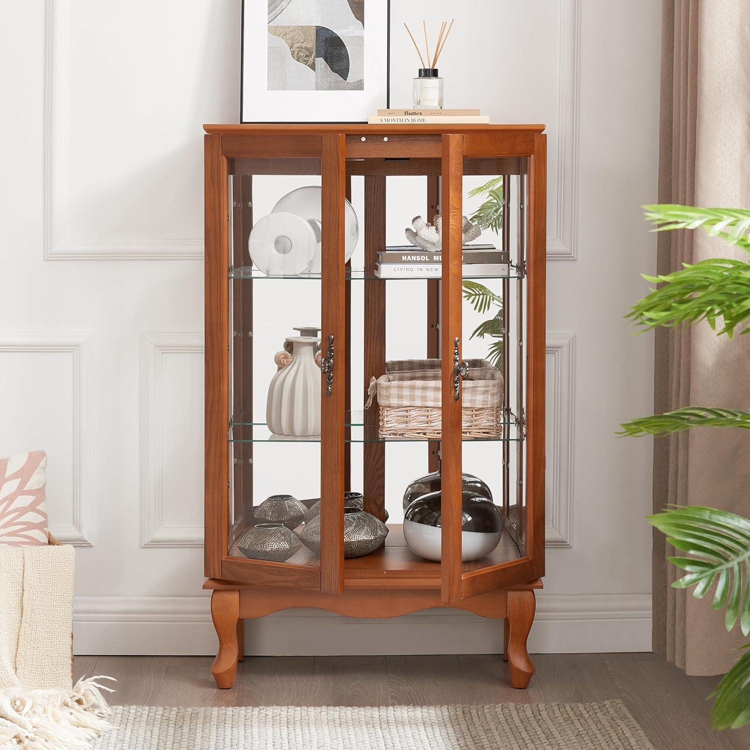 Oak Curio Cabinet with Glass Doors and Adjustable Shelves