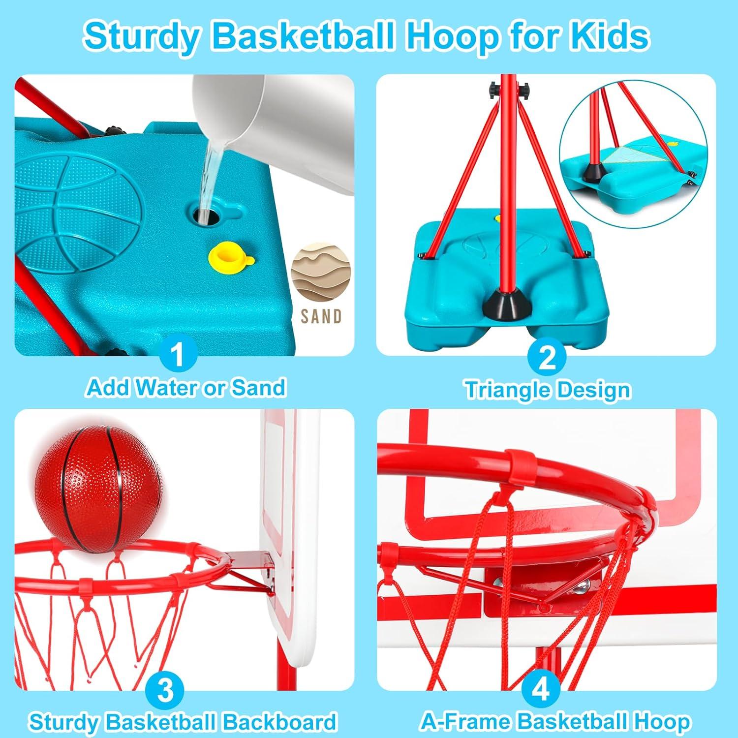 Kids Basketball Hoop Adjustable Height 2.9 ft-6.2 ft Toddler Basketball Hoop for Kids Indoor Outdoor Play Portable Basket Ball Goal Backyard Outside Toys for Boy Girl Age 2 3 4 5 6 7 8