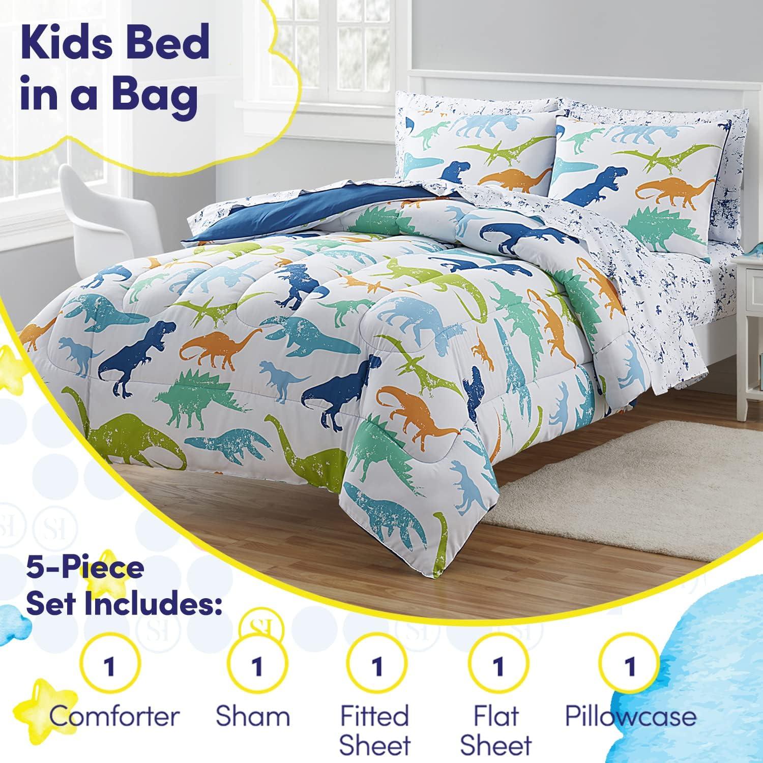 Dinosaur White/Blue/Green Microfiber Reversible Comforter Set