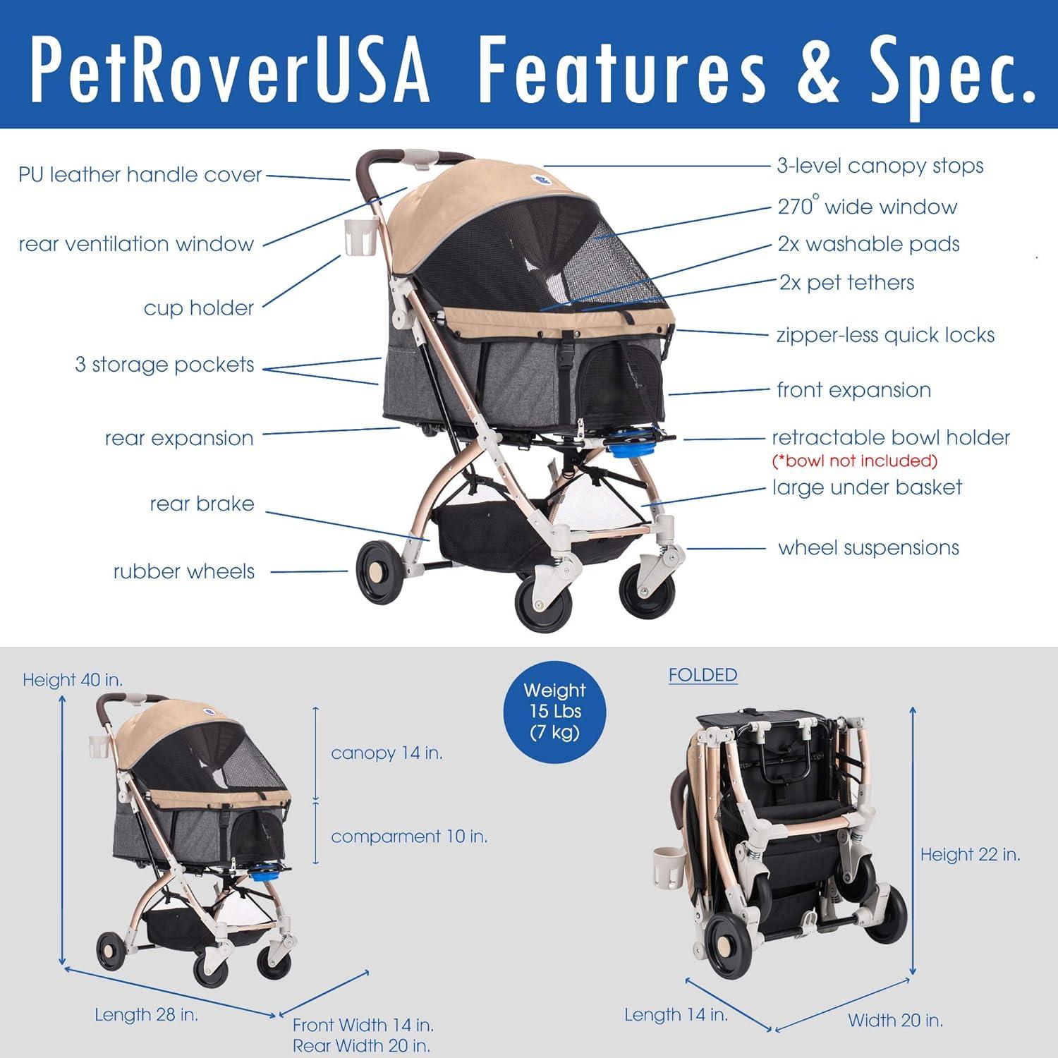 HPZ Pet Rover Lite Travel Dog, Cat & Pet Stroller, Taupe