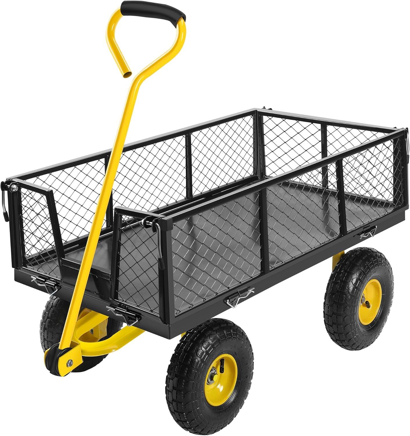 SKYSHALO Heavy Duty Steel Garden Cart 900 lbs Lawn Utility Cart  w/ Removable Sides to Convert into Flatbed, Mesh Metal Wagon with 180° Rotating Handle and 10 in Tires for Garden, Farm, Yard