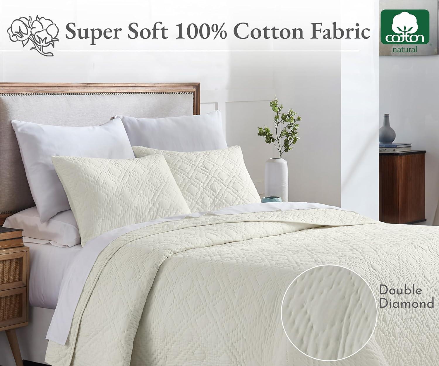 Luxury 100% Cotton Quilt Set, Hand-Quilted, Pre-Softened, Diamond Pattern by California Design Den - Creamy Ivory, King