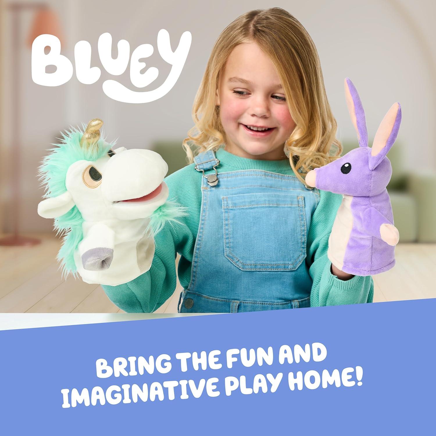 Bluey Unicorse & Bob Bilby Hand Puppet Plush 2-Pack – 8-9” Soft Deluxe Fabric, Embroidered Details, Perfect for Toddler Hands, Imaginative Play, Official Bluey Toys, Amazon Exclusive