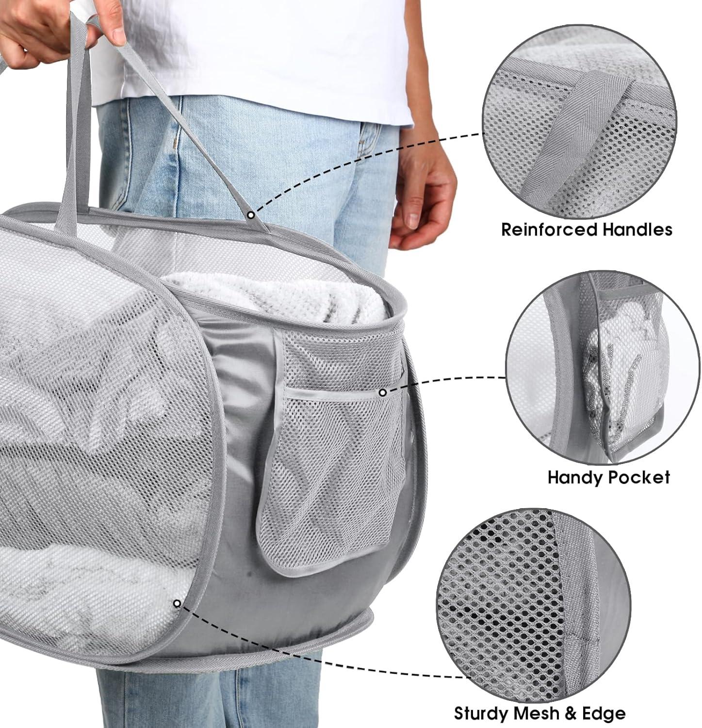 Durable Collapsible Laundry Baskets, Mesh Pop Up Laundry Hamper with Side Pocket, Foldable Clothes Storage Hamper with Reinforced Carry Handles for Laundry, Bathroom, Kids Room, Dorm or Travel Grey