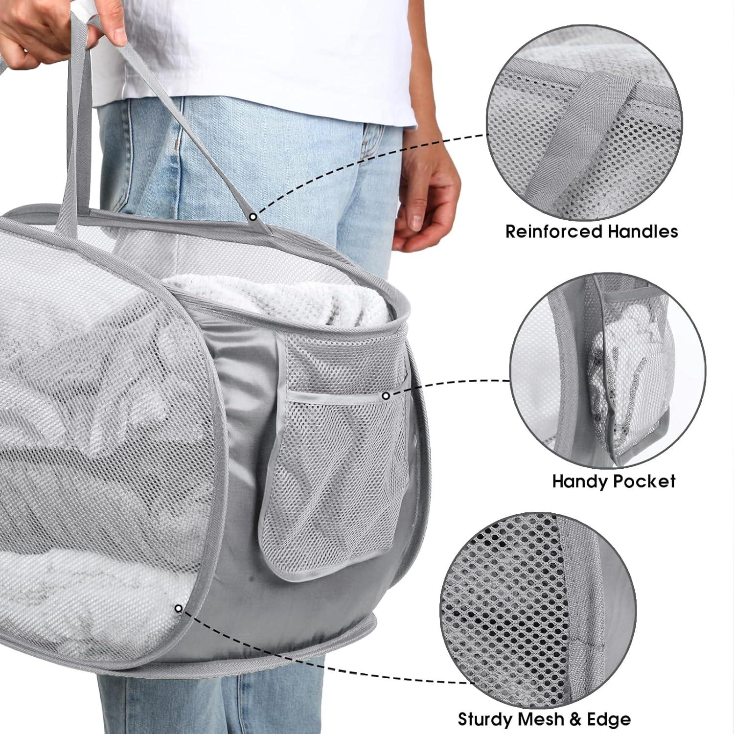 Durable Collapsible Laundry Baskets, Mesh Pop Up Laundry Hamper with Side Pocket, Foldable Clothes Storage Hamper with Reinforced Carry Handles for Laundry, Bathroom, Kids Room, Dorm or Travel Grey