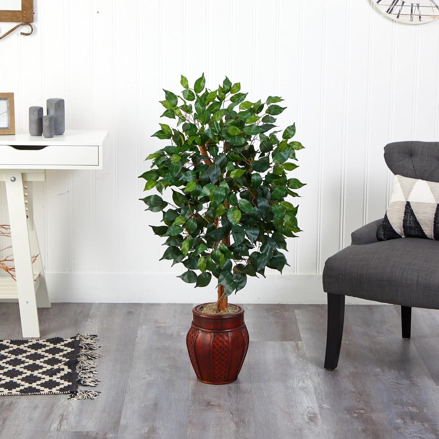 Nearly Natural 44" Plastic Ficus Tree Artificial Plant with Decorative Planter, Green