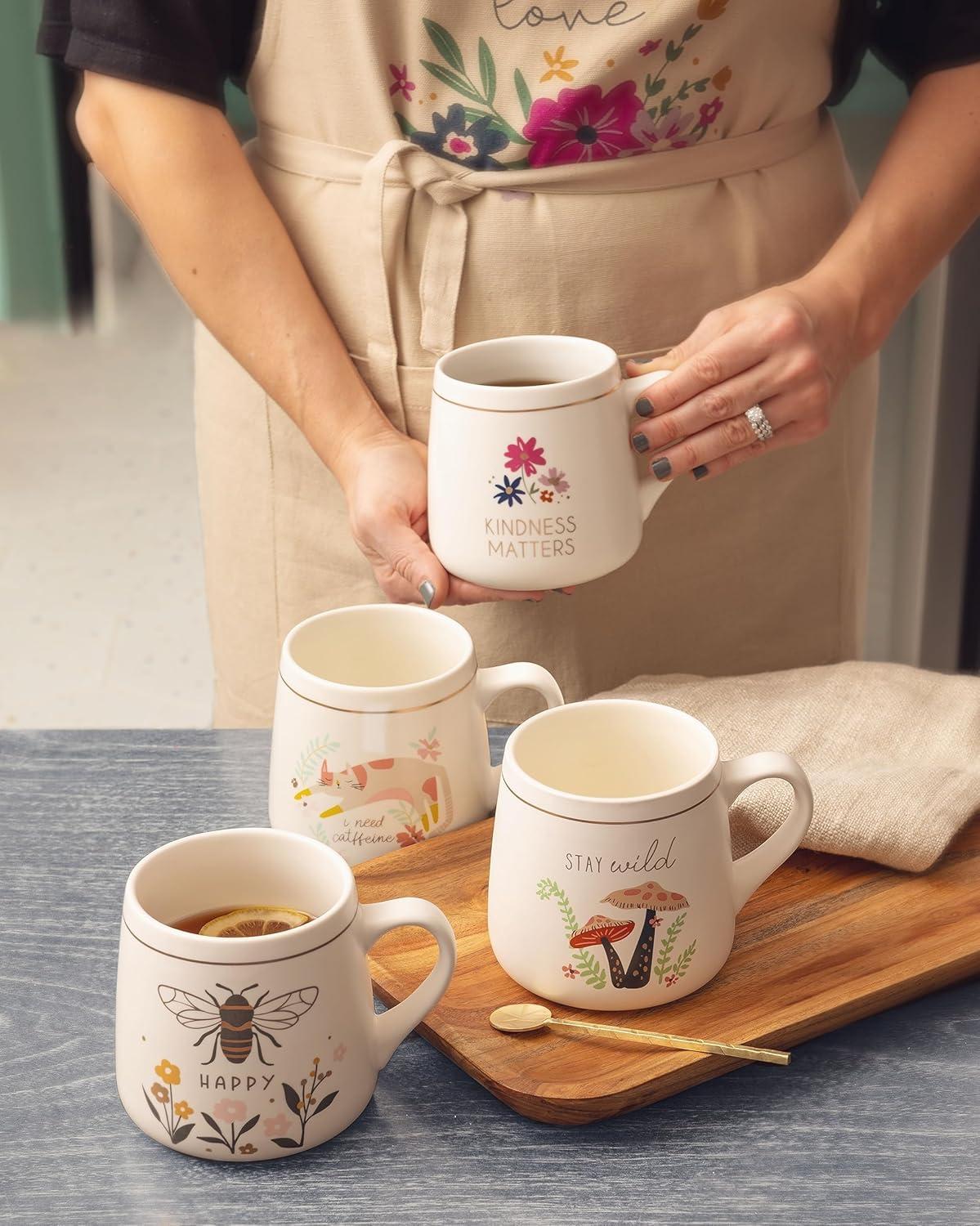 Karma, 18 oz Ceramic Flora Mug - Cute Coffee and Tea Mug - Ceramic Coffee Mugs for Women and Men, Cat