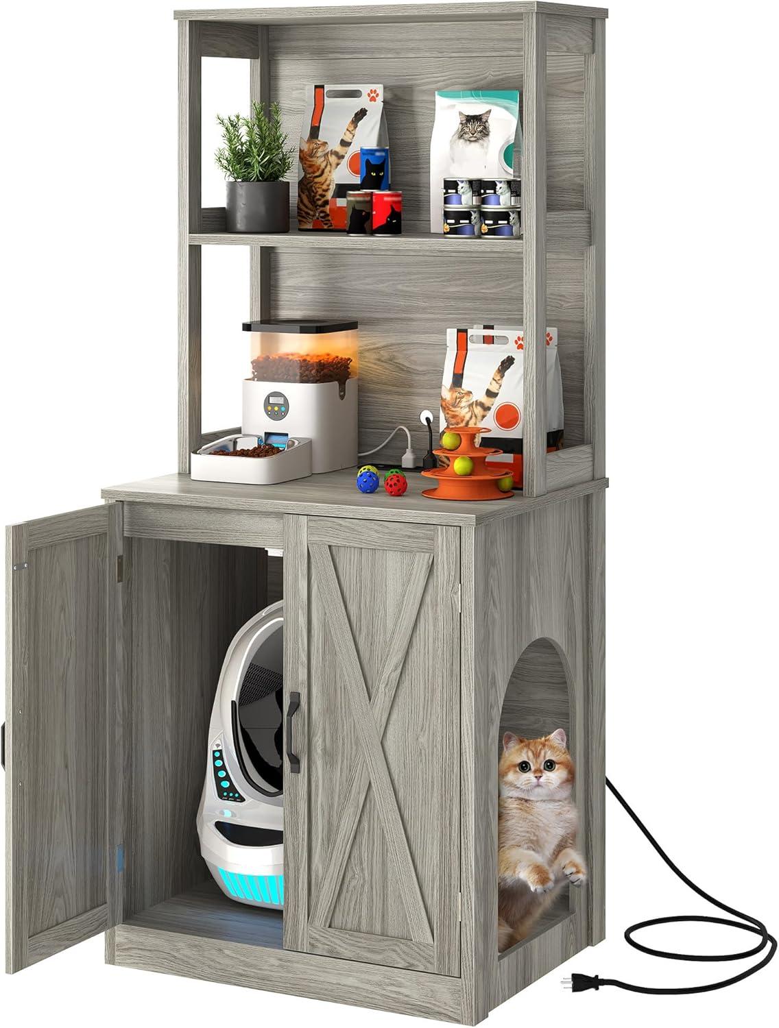 DWVO Large Hidden Cat Litter Box Enclosure Furniture with 2 Shelf Cat Washroom Storage with Charging Station，Wooden Cat Cabinet for Litter Box - Gray