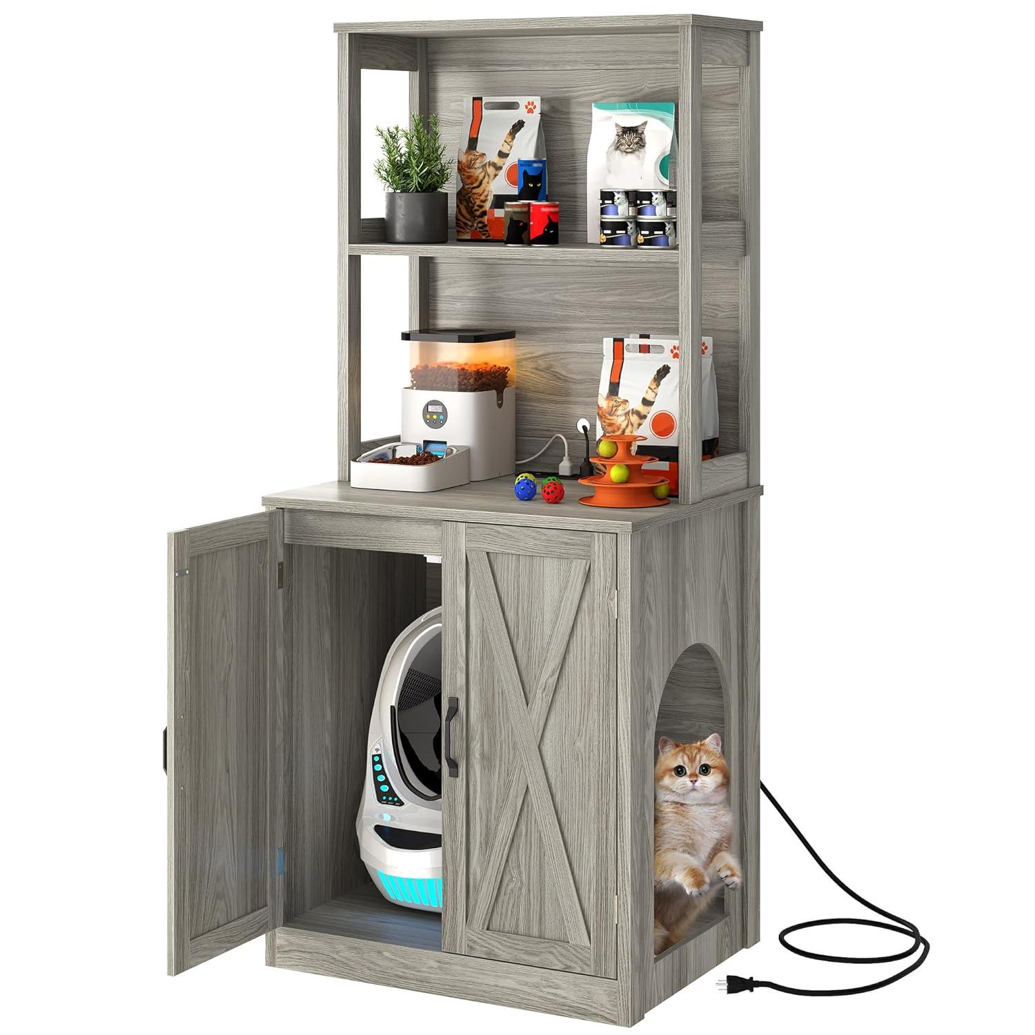 DWVO Large Hidden Cat Litter Box Enclosure Furniture with 2 Shelf Cat Washroom Storage with Charging Station，Wooden Cat Cabinet for Litter Box - Gray