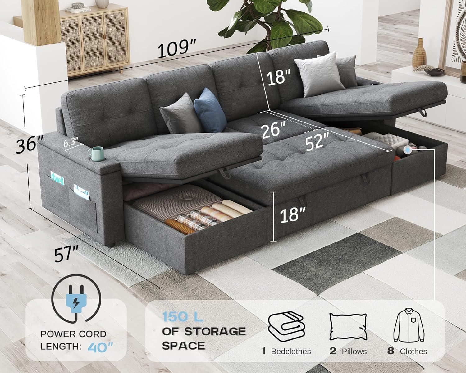 Latitude Run® Pull Out Sofa Bed With 2 USB Ports & Cup Holders, U Shaped Sleeper Sofa Bed With Dual Storage Chaise- Drak Gray