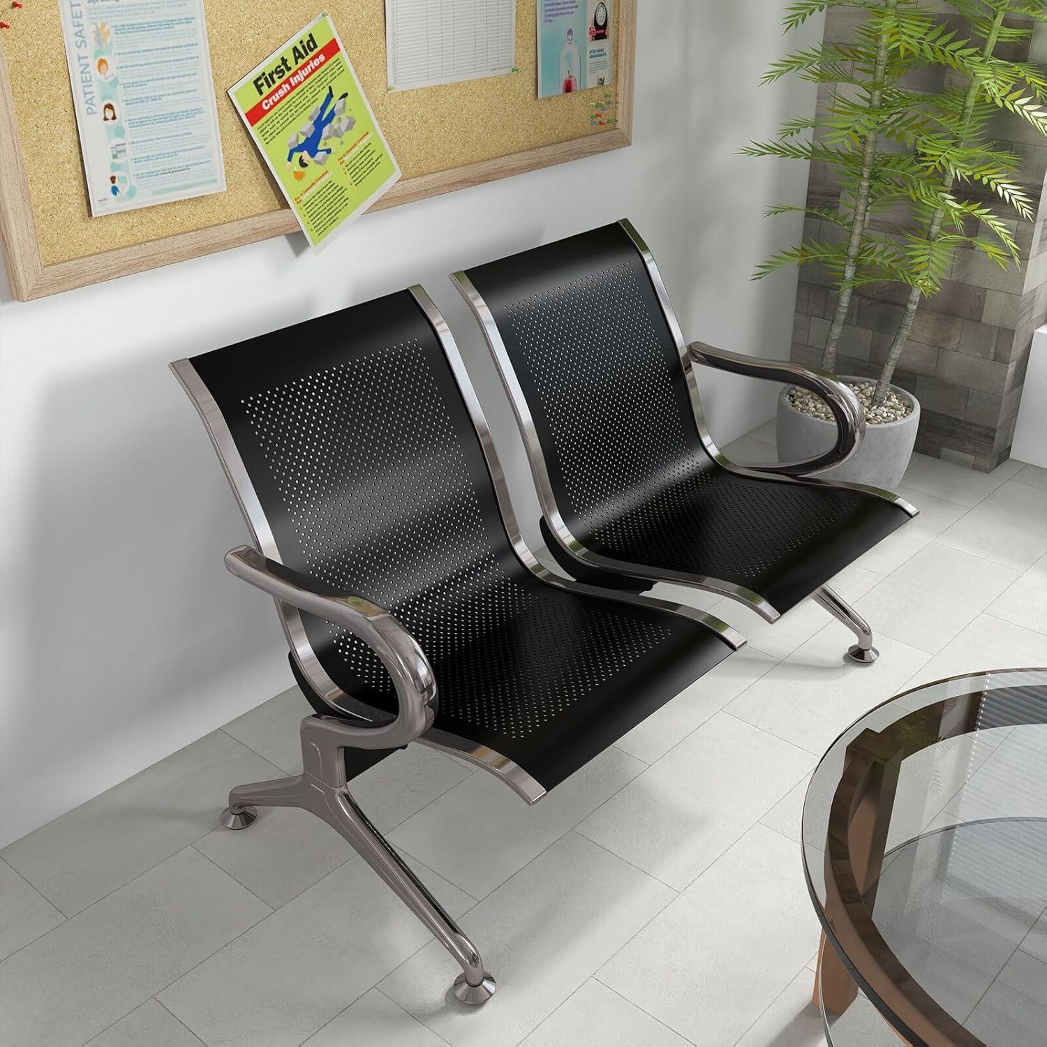 Kinbor Waiting Room Chairs, 3-Seat Reception Chairs Office Guest Waiting Furniture Bench Seating for Airport Bank Hospital, Black