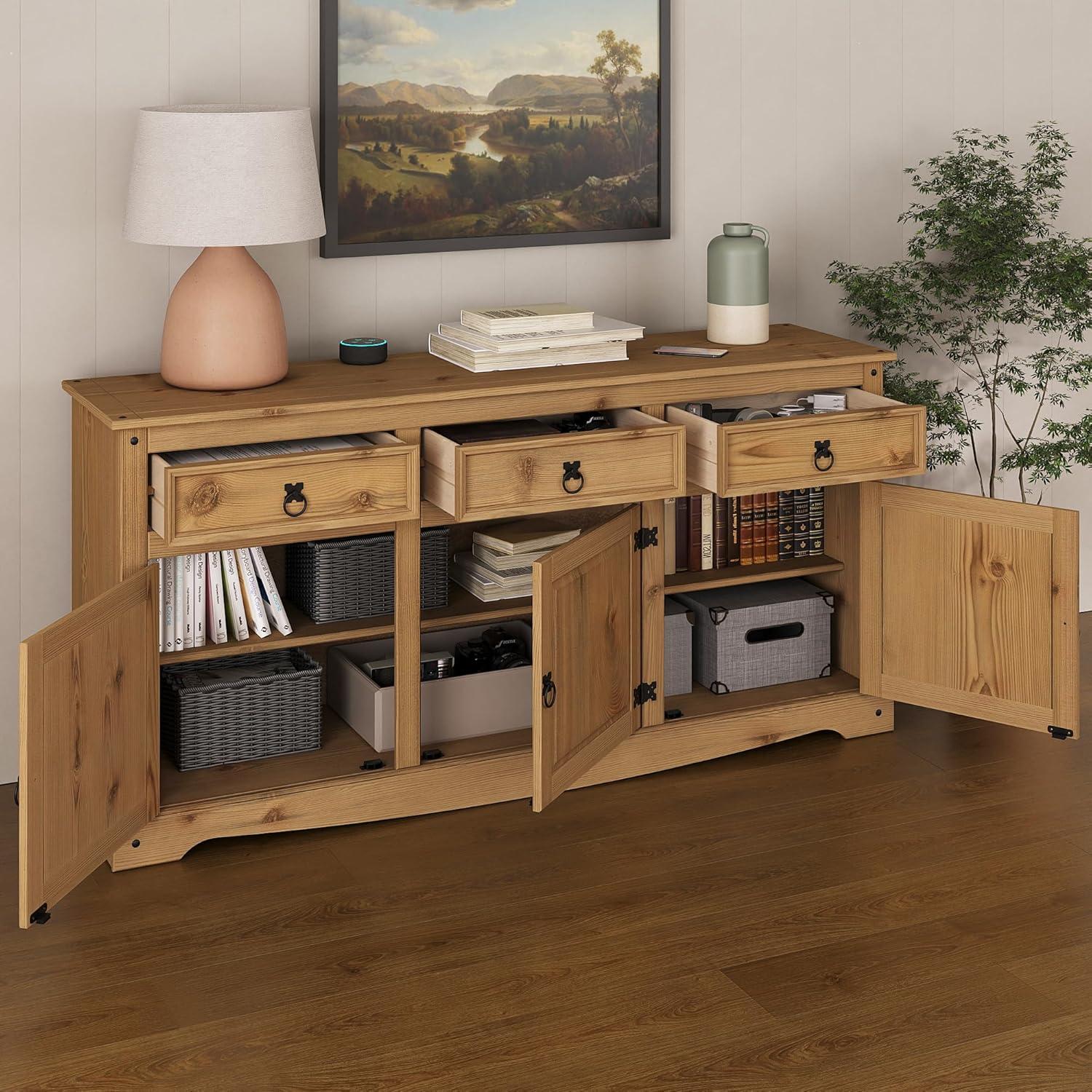 Antique Brown Pine Wood Buffet Table with Drawers and Cabinets