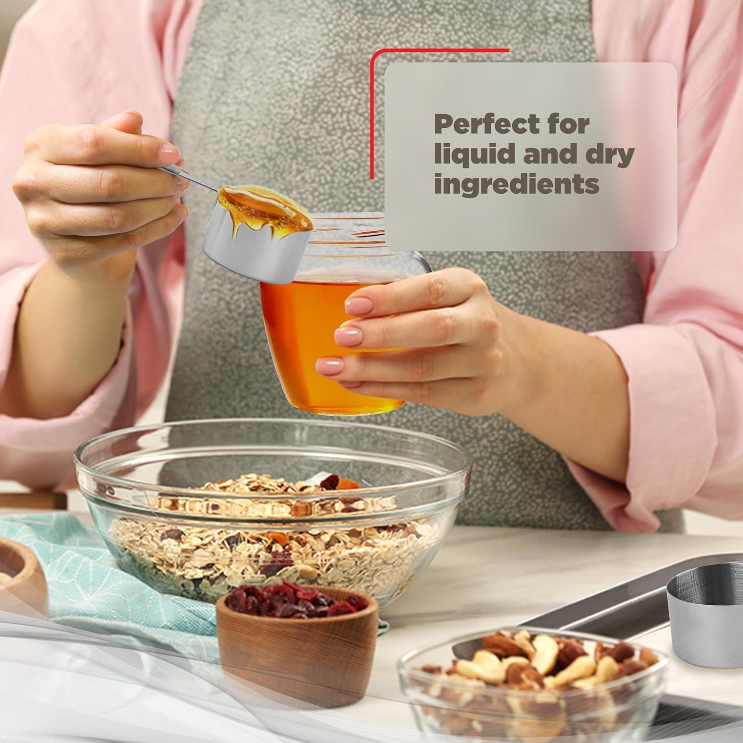 Huarll Holiday Clearance Measuring Tools, 4 Piece Stainless Measuring Cup Set With Storage Ring Silver, 4-Piece Measuring Cup and Spoon Set Silver