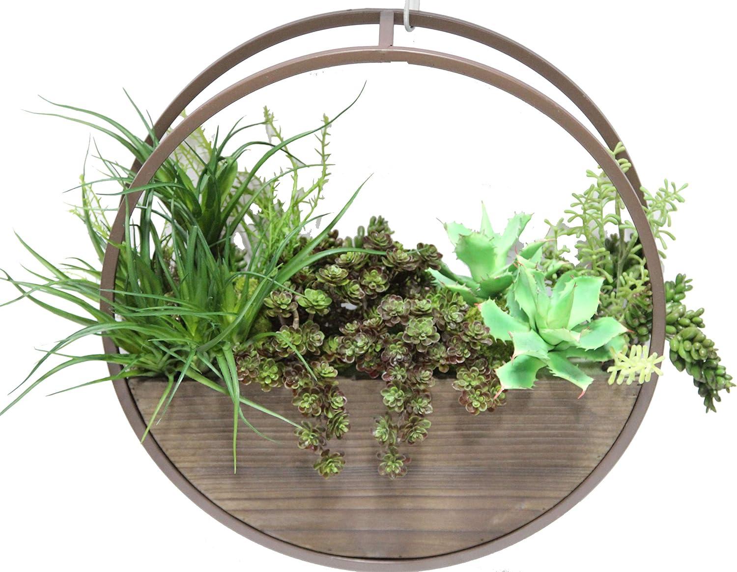 Set of 2 Round wood and metal framing wall hanging planters w/ hard liners