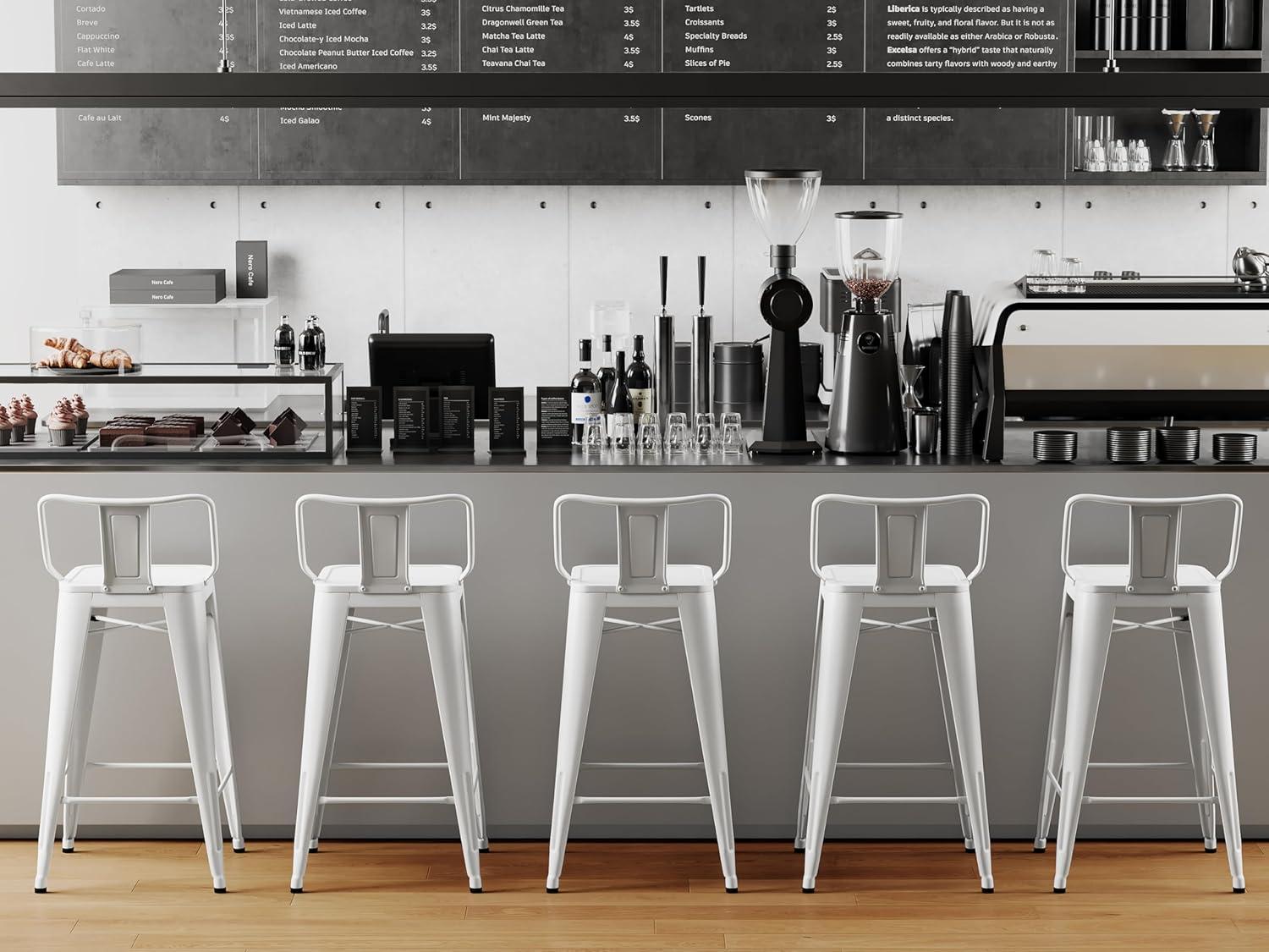 Set of 4 White Metal Bar Stools with Wooden Seats