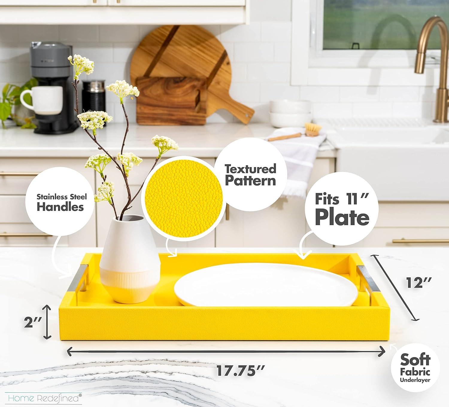 Yellow Faux Leather Rectangle Serving Tray with Silver Handles