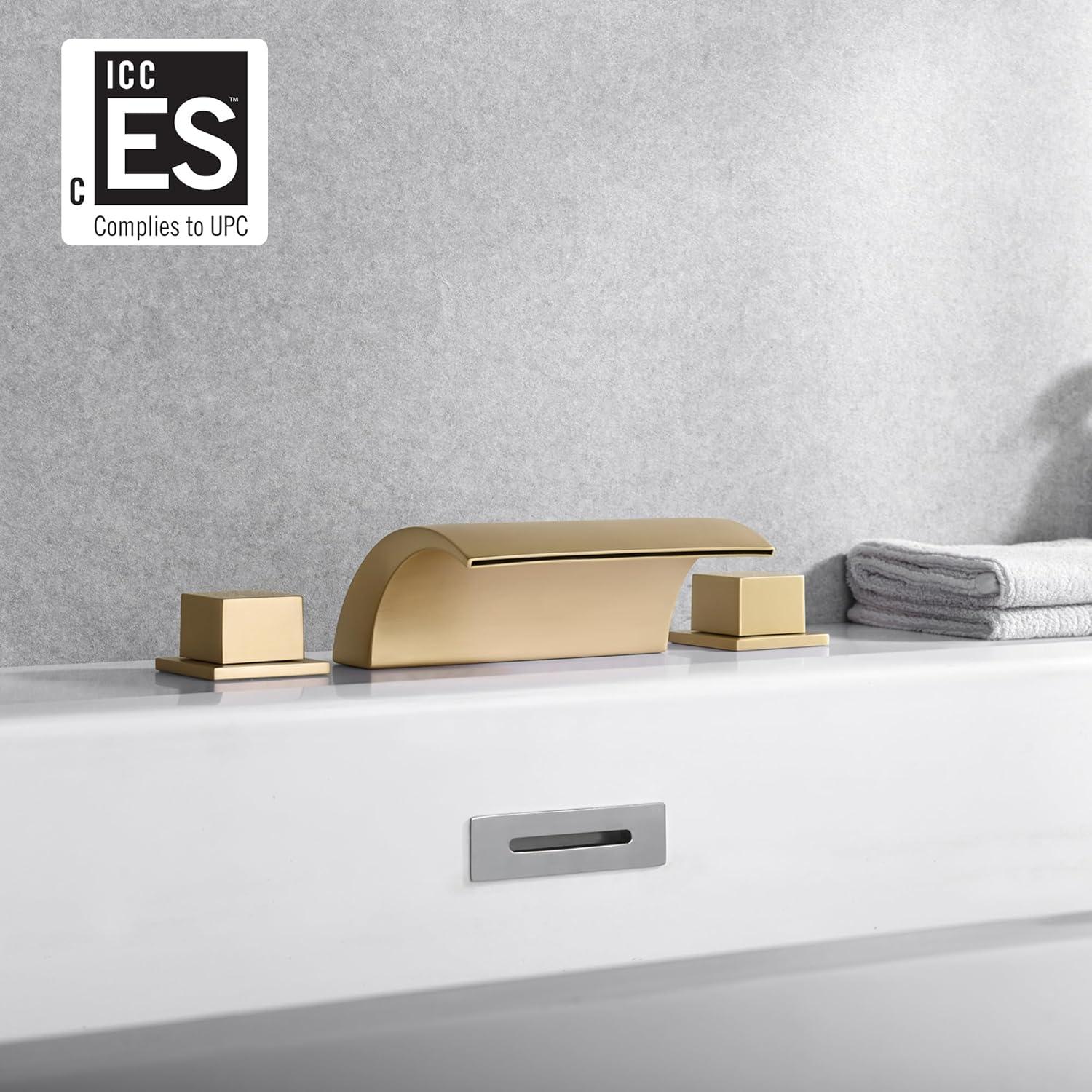 Bathroom Roman Tub Faucet with Waterfall Spout, 3 Hole Deck Mount Bath Tub Filler Brushed Gold