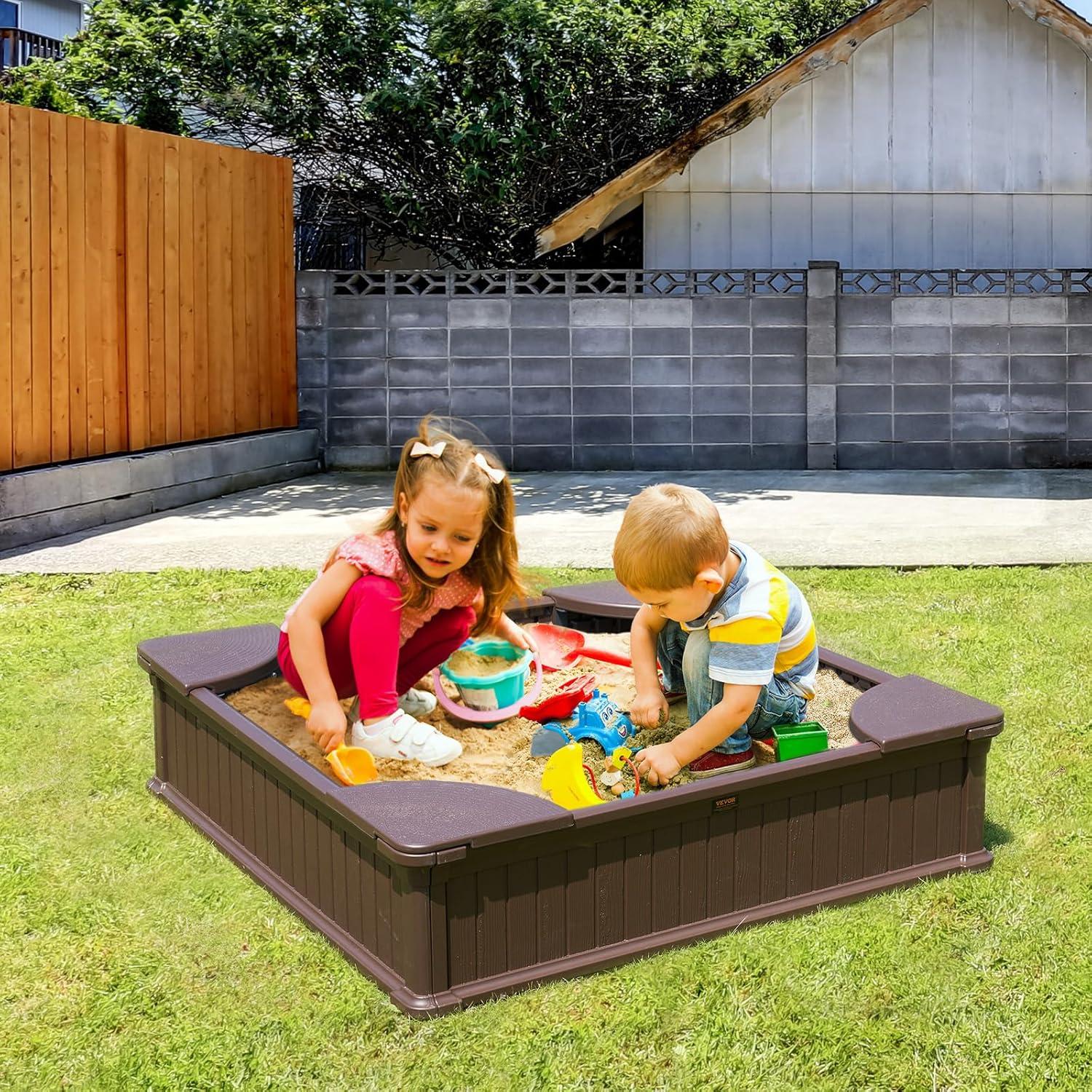 VEVOR Wooden Sandbox with Cover, 75.6 x 75.6 x 9.1 in Octagonal Sand Box, Sand Pit with 4 Seating and Bottom Liner