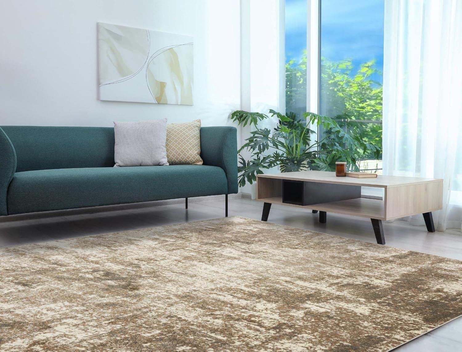 Beige Abstract Synthetic 2' x 7' Area Rug