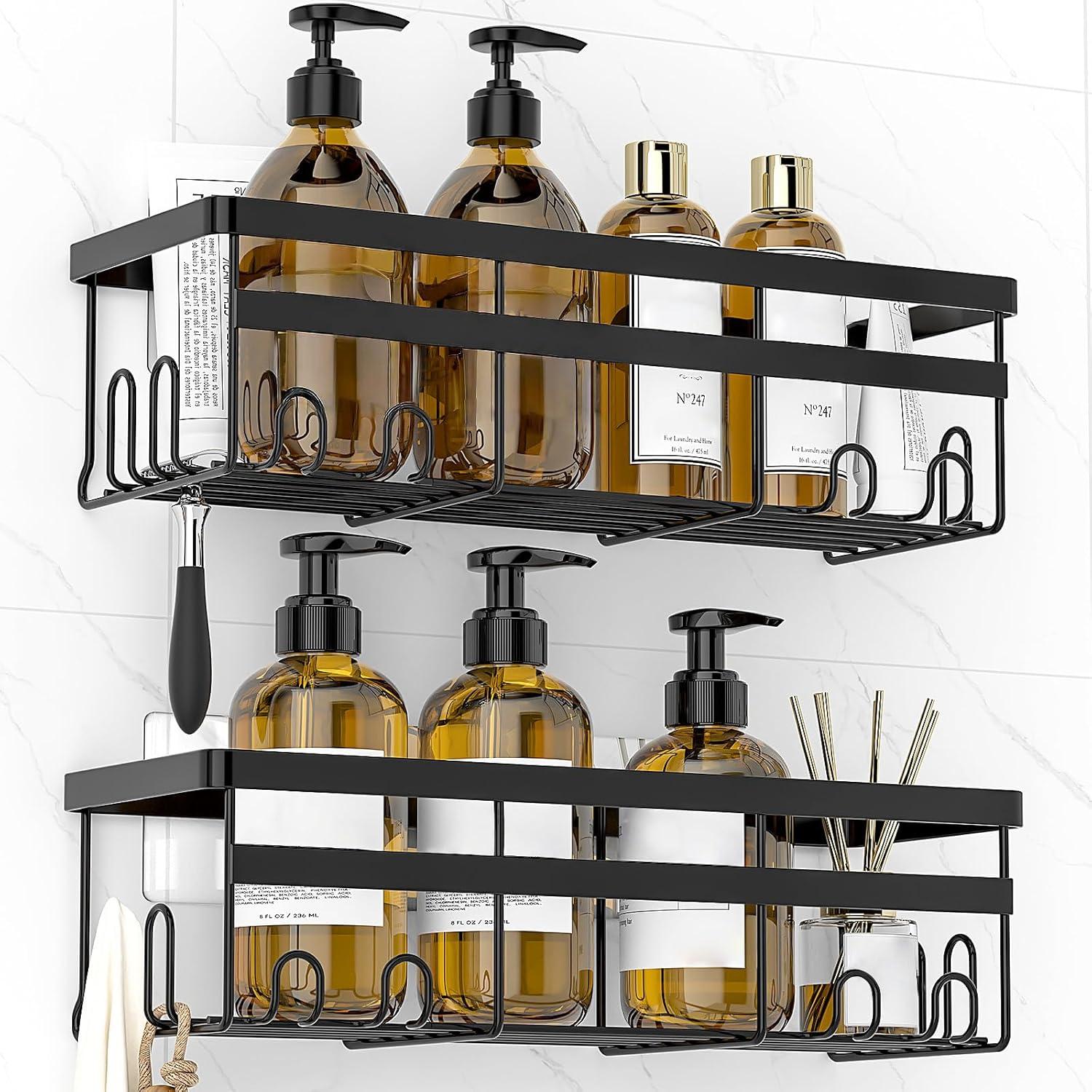 BN-LINK Shower Caddy, 2 pack Adhesive Shower Organizer Shower Rack with 8 Hooks, Shower Shelves Storage Bathroom Organizers and Storage, Black