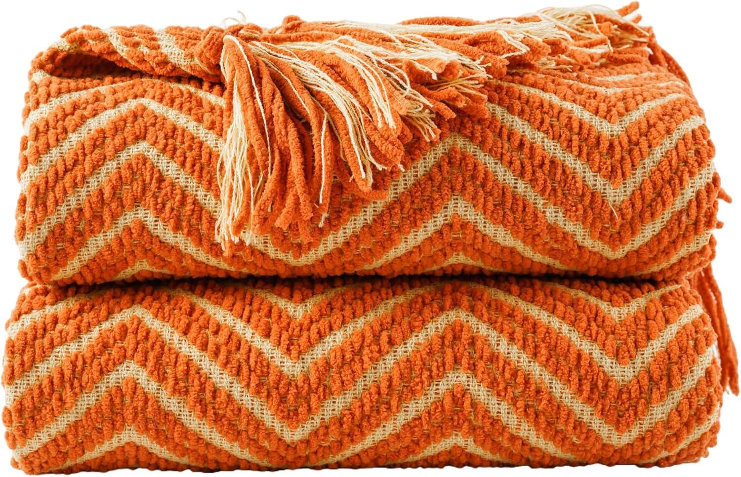 Orange Knitted Reversible Chenille Throw Blanket with Fringe, 50"x60"