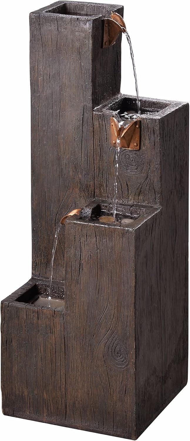 Lincoln Dark Wood Grain Resin Floor Fountain with Copper Spouts