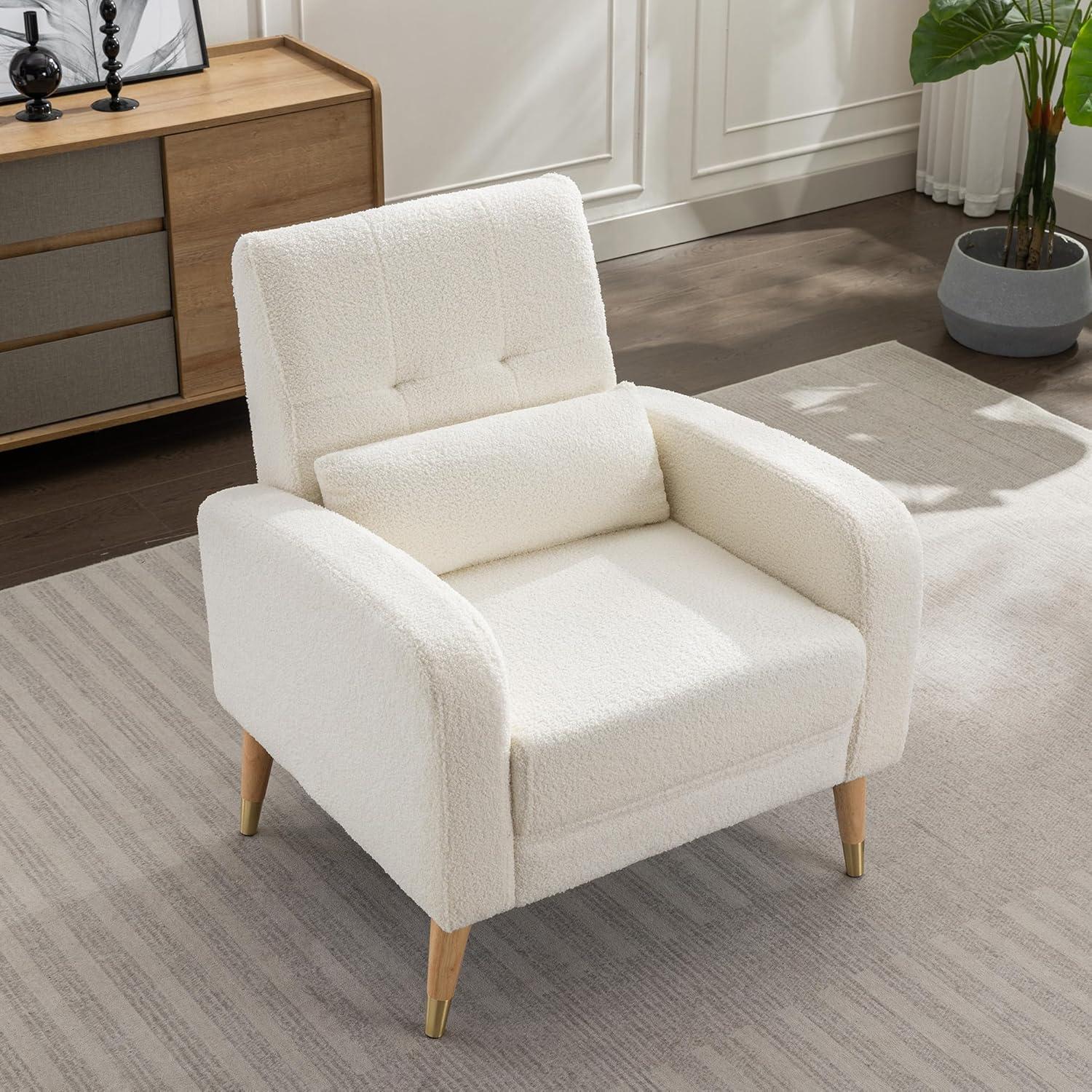 White Upholstered Modern Accent Chair with Wooden Legs