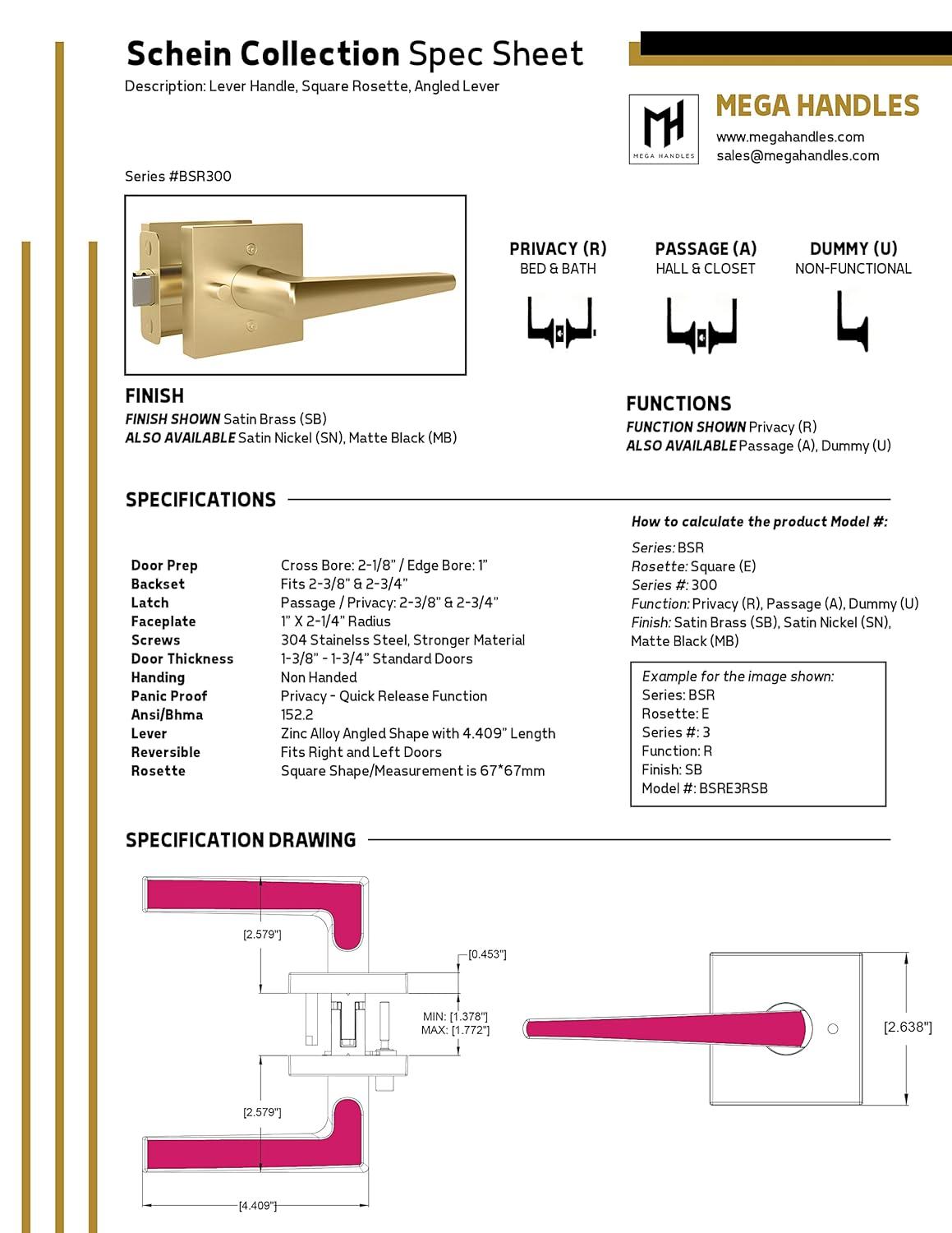 Mega Handles Schein Door Lever for Closet and French Doors I Non-Turning Screws Included
