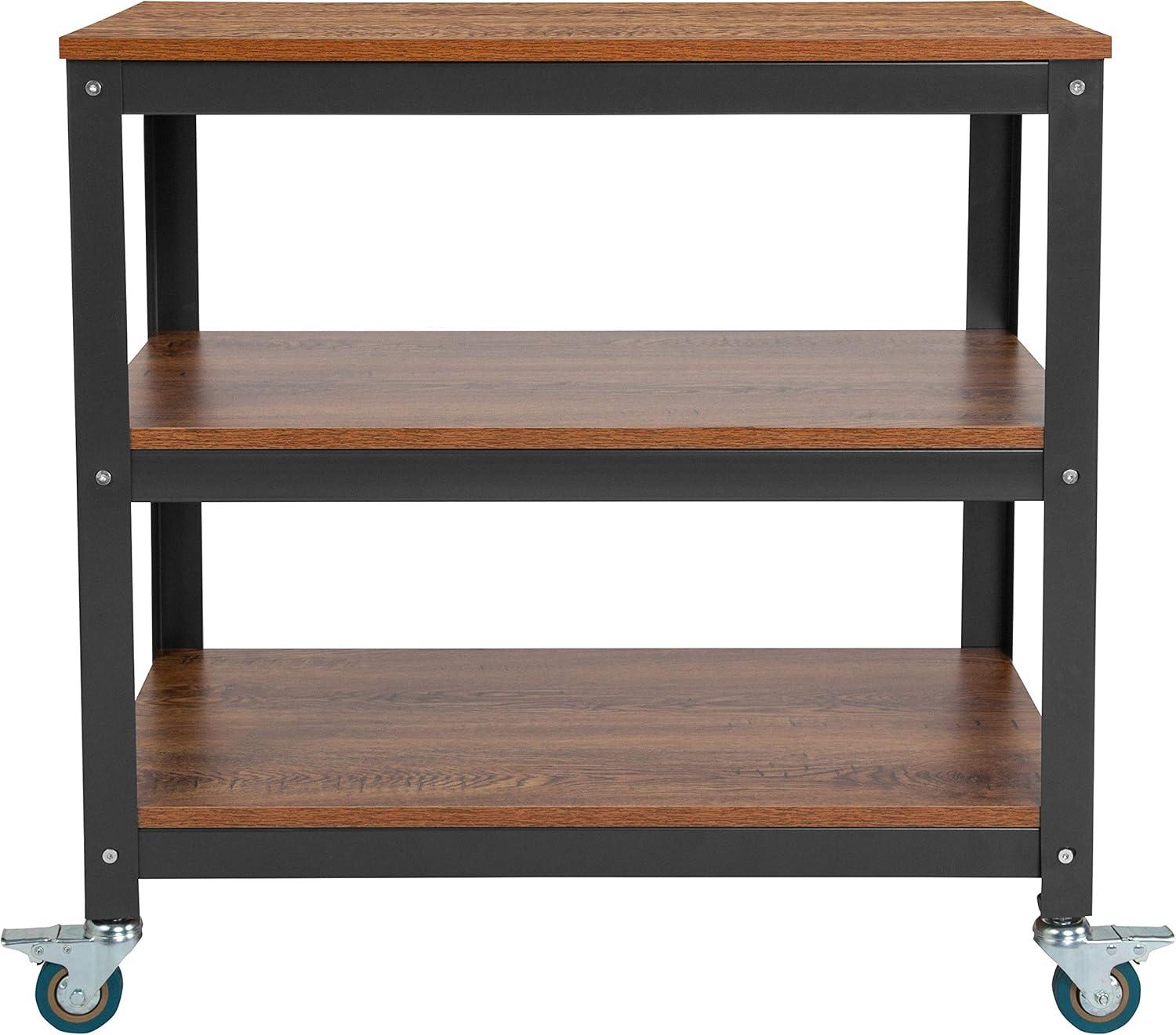 Flash Furniture Livingston Collection 30"W Rolling Storage Cart with Metal Wheels in Brown Oak Wood Grain Finish