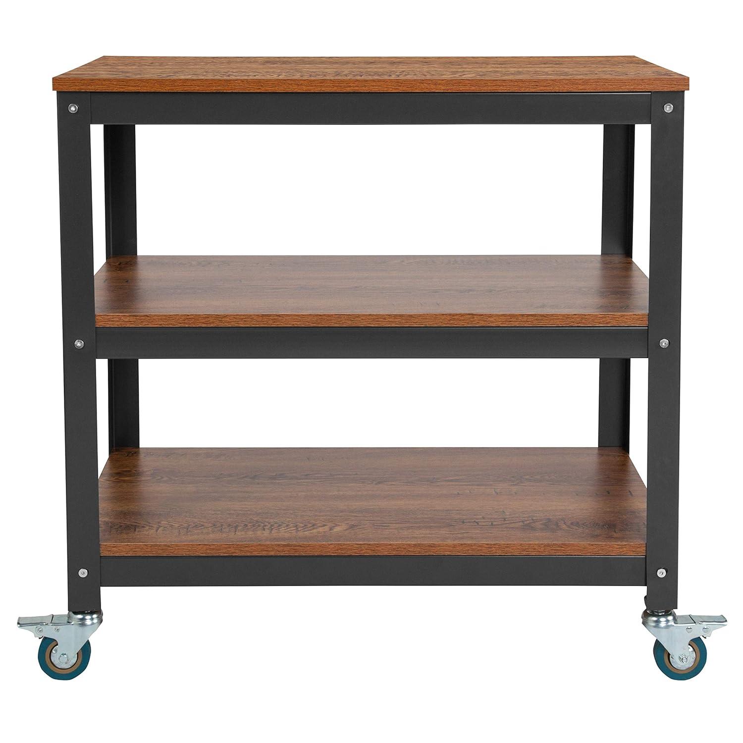 Flash Furniture Livingston Collection 30"W Rolling Storage Cart with Metal Wheels in Brown Oak Wood Grain Finish