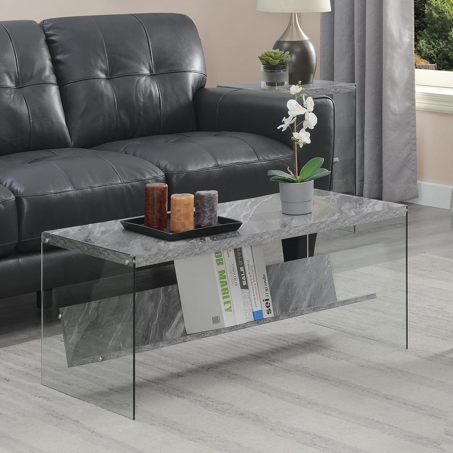 Convenience Concepts Soho Coffee Table in Gray Faux Marble Wood with Glass Sides