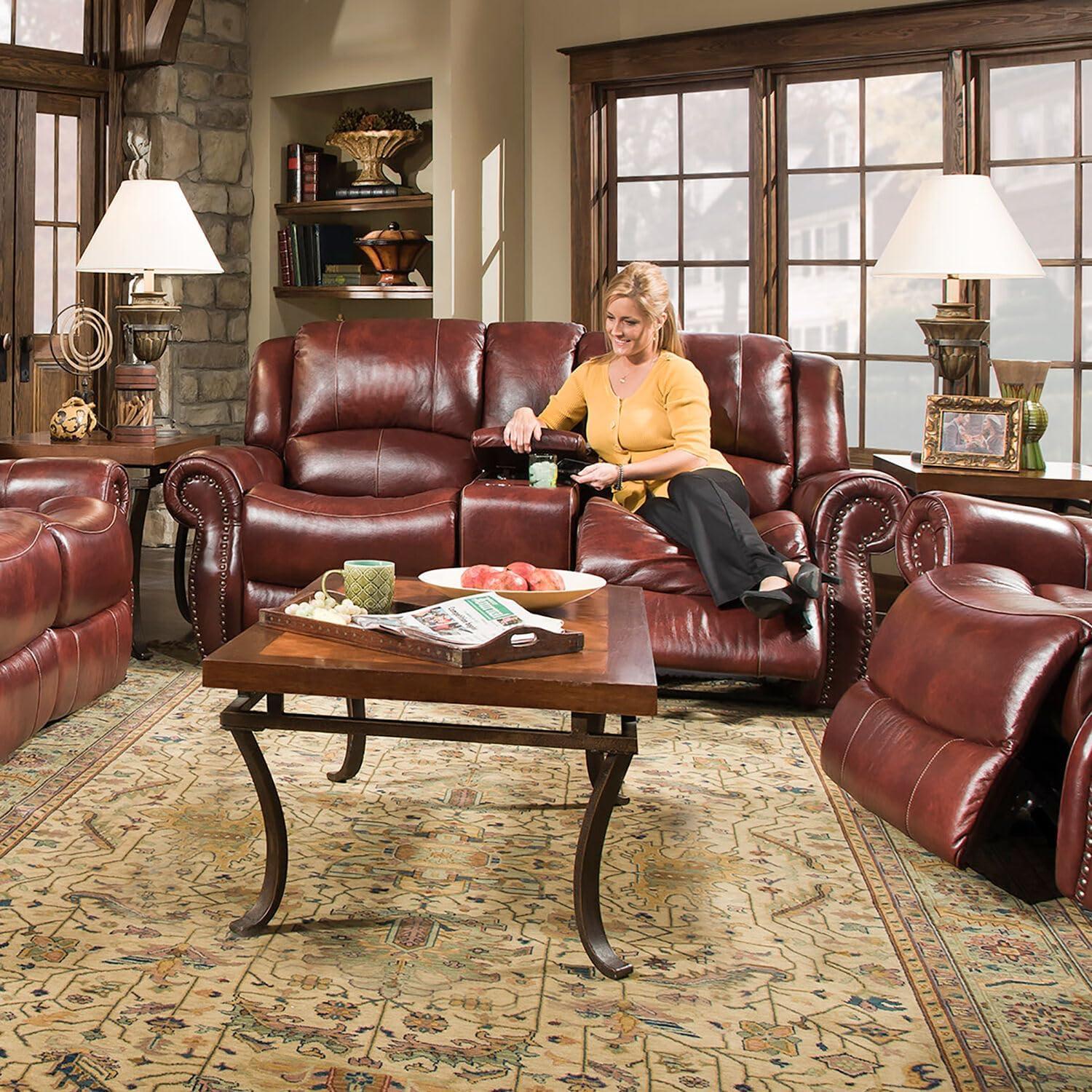 Aspen Brown Leather Double-Reclining Loveseat with Cup Holder