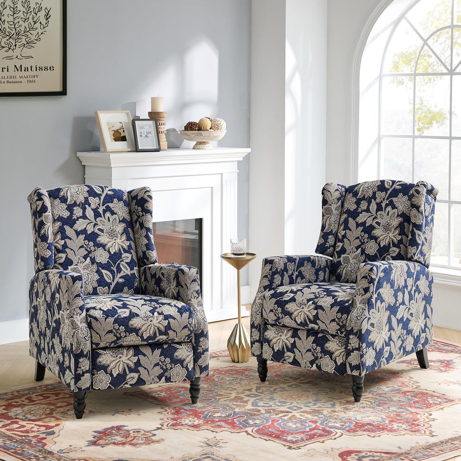 Recliners Push Back Accent Chairs Set of 2 Wingback Manual Fabric Upholstered Armchairs Sofa Home Theater Couches Garden