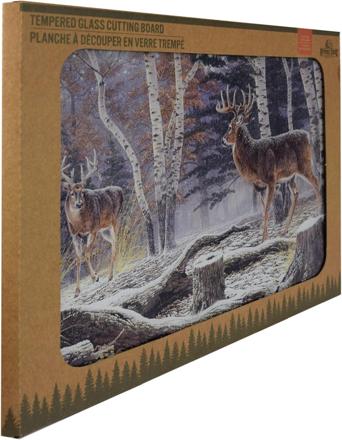 Rivers Edge Products Large 12in x 16in Decorative Tempered Glass Cutting Board, Hypoallergenic, Non Slip, Textured Surface Chopping Board for Kitchen, Deer in the Snow and Woods, Confrontation