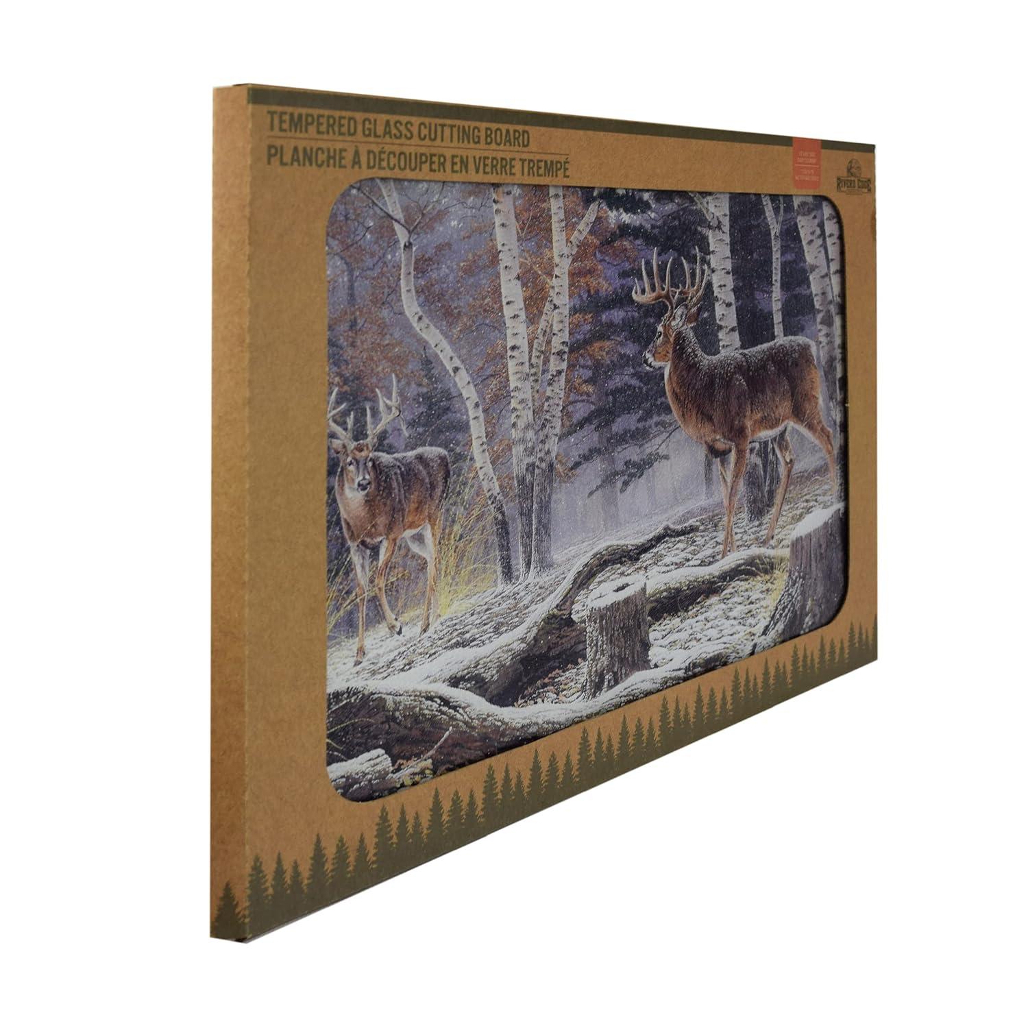Rivers Edge Products Large 12in x 16in Decorative Tempered Glass Cutting Board, Hypoallergenic, Non Slip, Textured Surface Chopping Board for Kitchen, Deer in the Snow and Woods, Confrontation