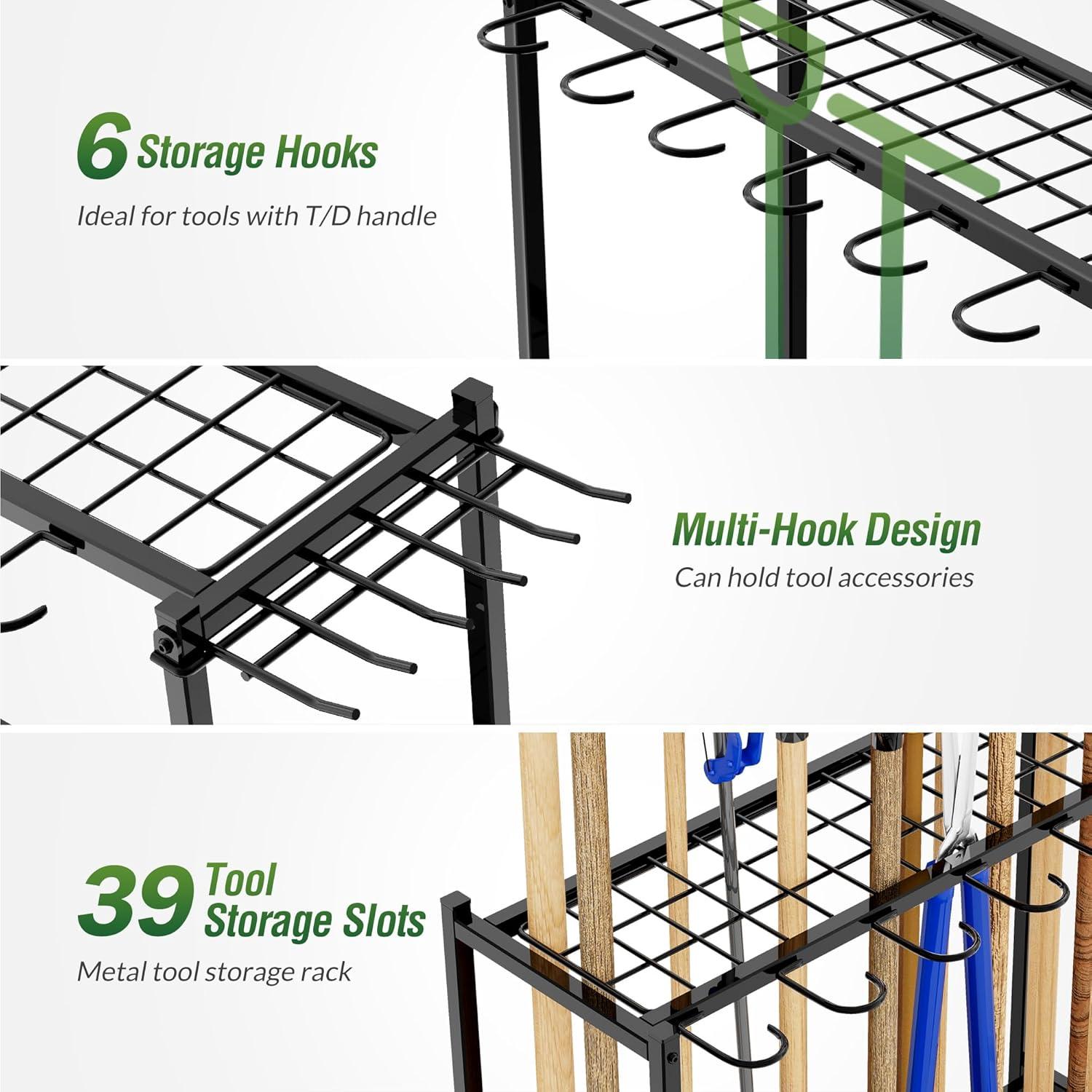 Sttoraboks Garden Tool Organizer with Wheels, Yard Tool Rack for Garage Organization and Storage, Heavy Duty Steel Tool Holder with Hooks, Garden Tool Stand for Basement, Outdoor, Home, Black