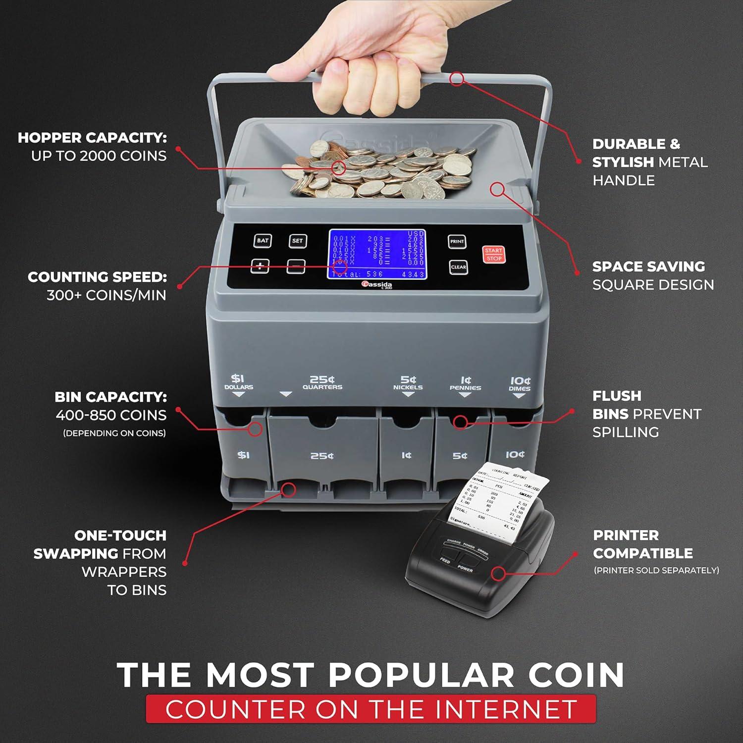 Cassida C300 Coin Counter/Sorter with a 300 Coins Per Minute Speed | Printing Compatible | Quickload Technology