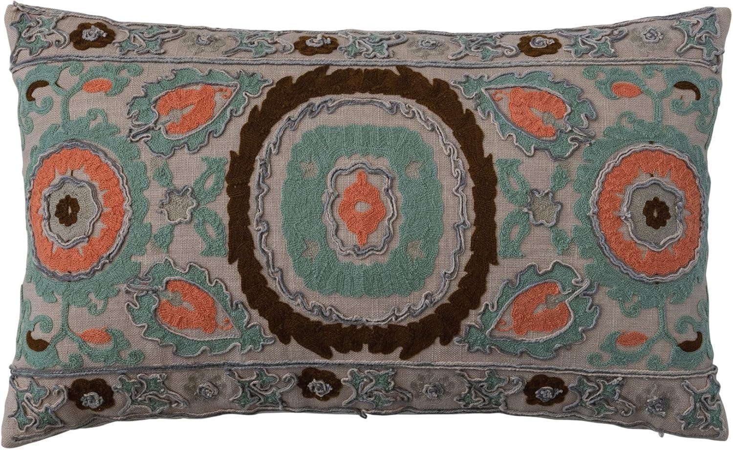 Multicolor Cotton Embroidered Lumbar Pillow Cover