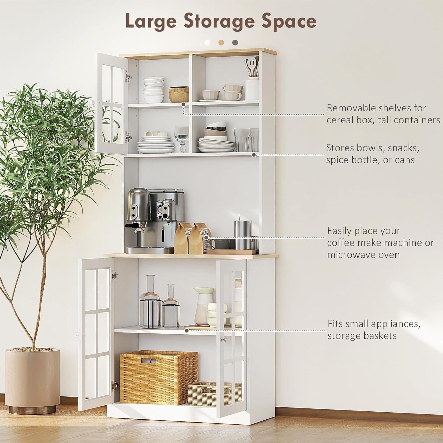 HOMCOM Kitchen Buffet with Hutch, Storage Pantry with 3 Cabinets, 2 Open Shelves and Large Countertop, White