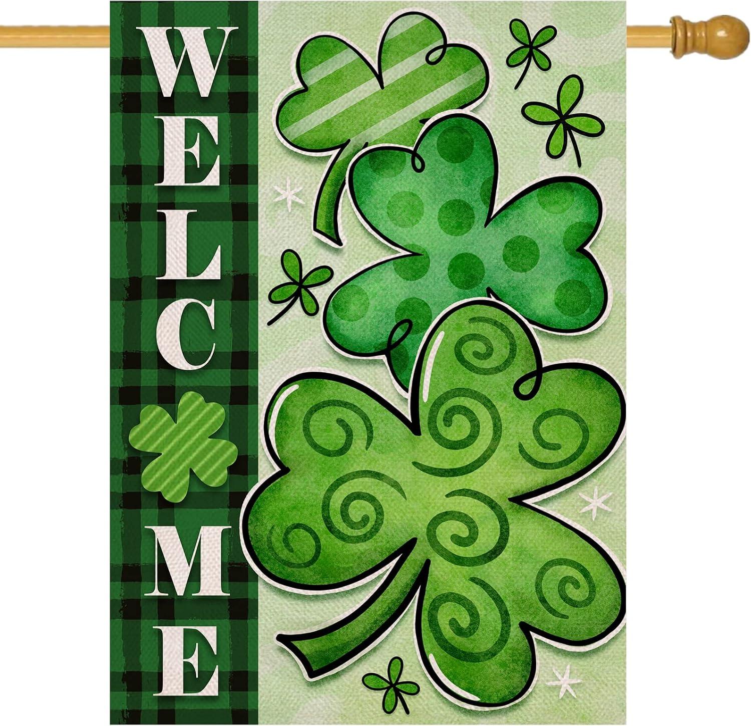 Shamrocks St. Patrick's Day Burlap House Flag Welcome 28" x 40" Briarwood Lane