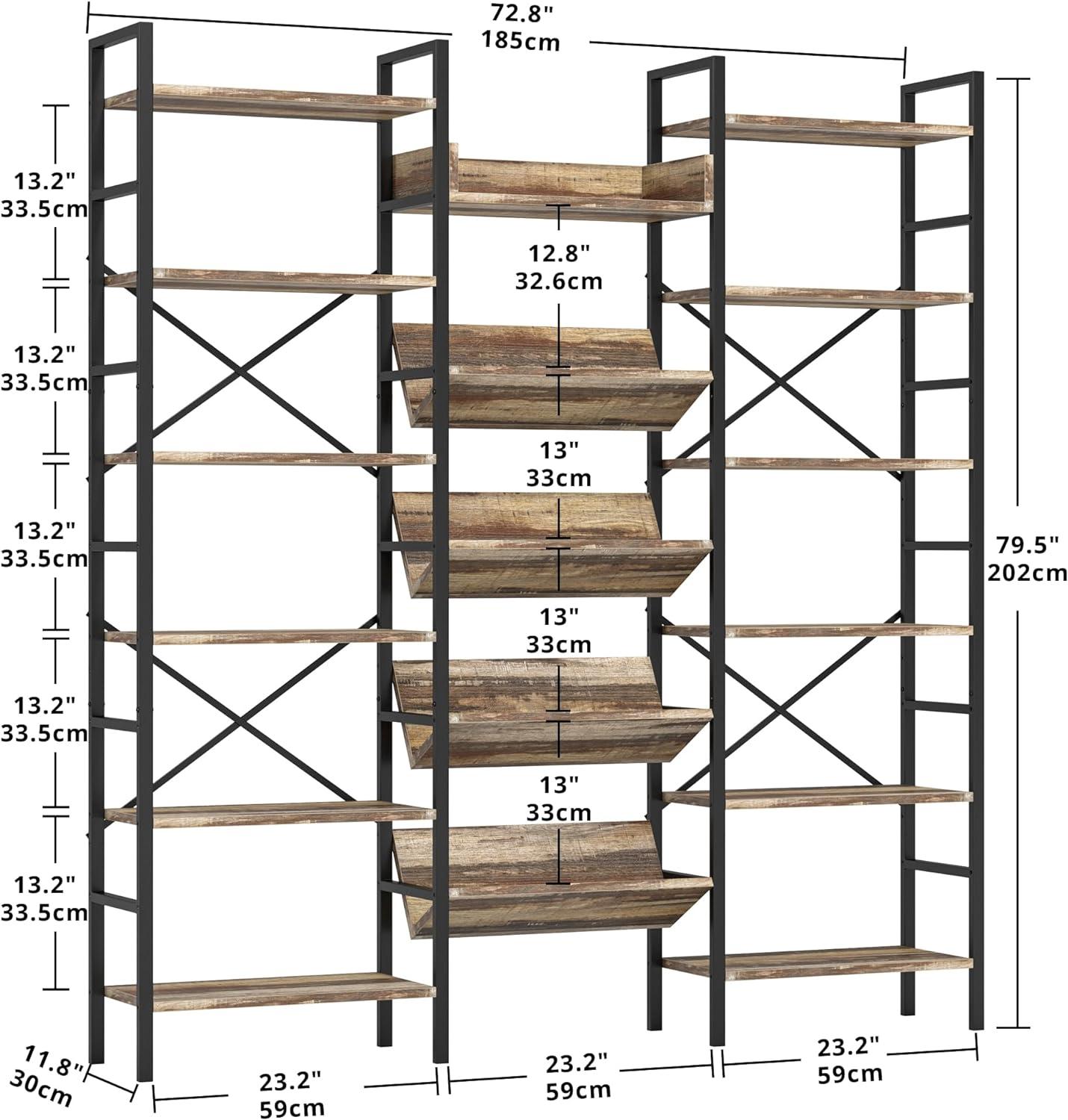 IRONCK Industrial Bookshelves Triple Wide 6 Tiers, Large Etagere Bookshelf Open Record Player Bookcase with Metal Frame for Living Room Home Office