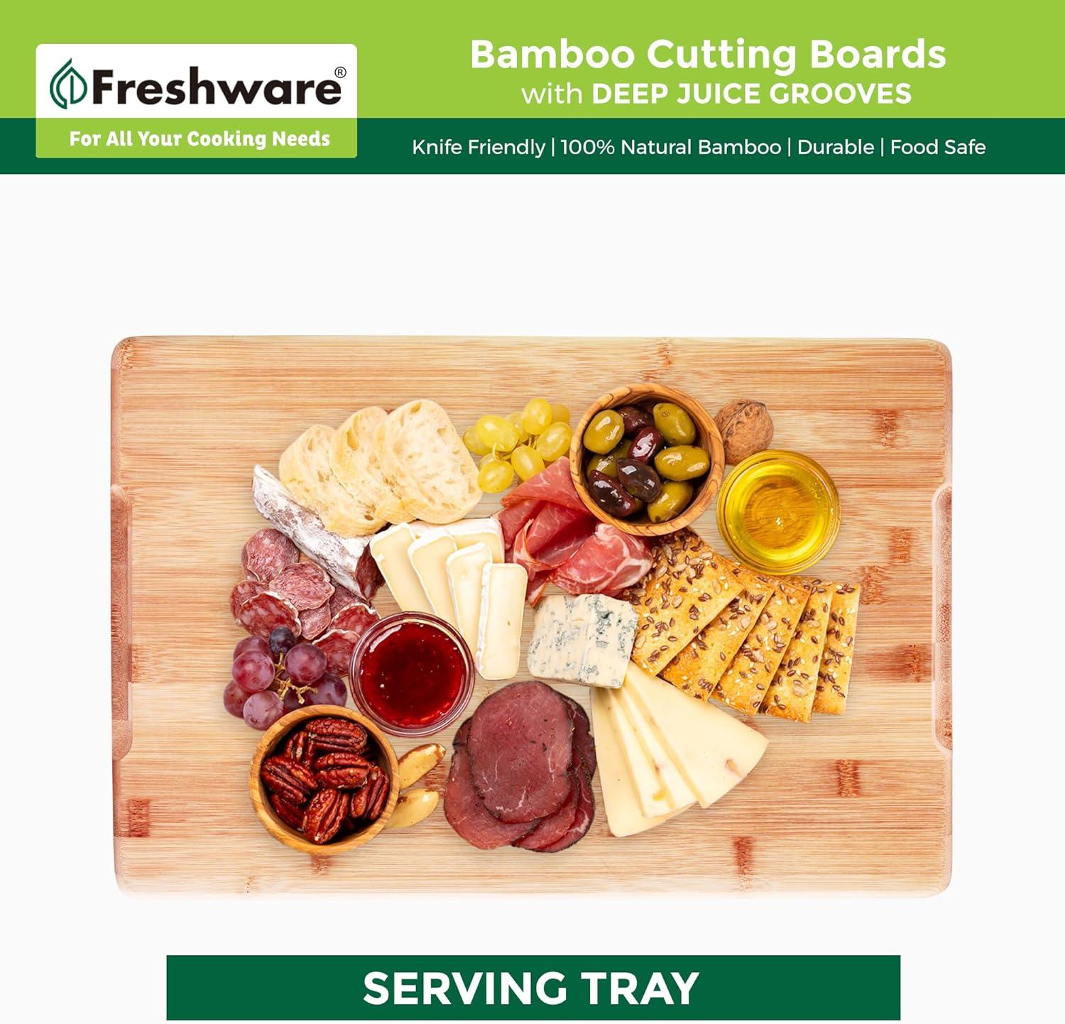 Bamboo Cutting Boards for Kitchen [Set of 3] Wood Cutting Board for Chopping Meat, Vegetables, Fruits, Cheese, Knife Friendly Serving Tray with Handles