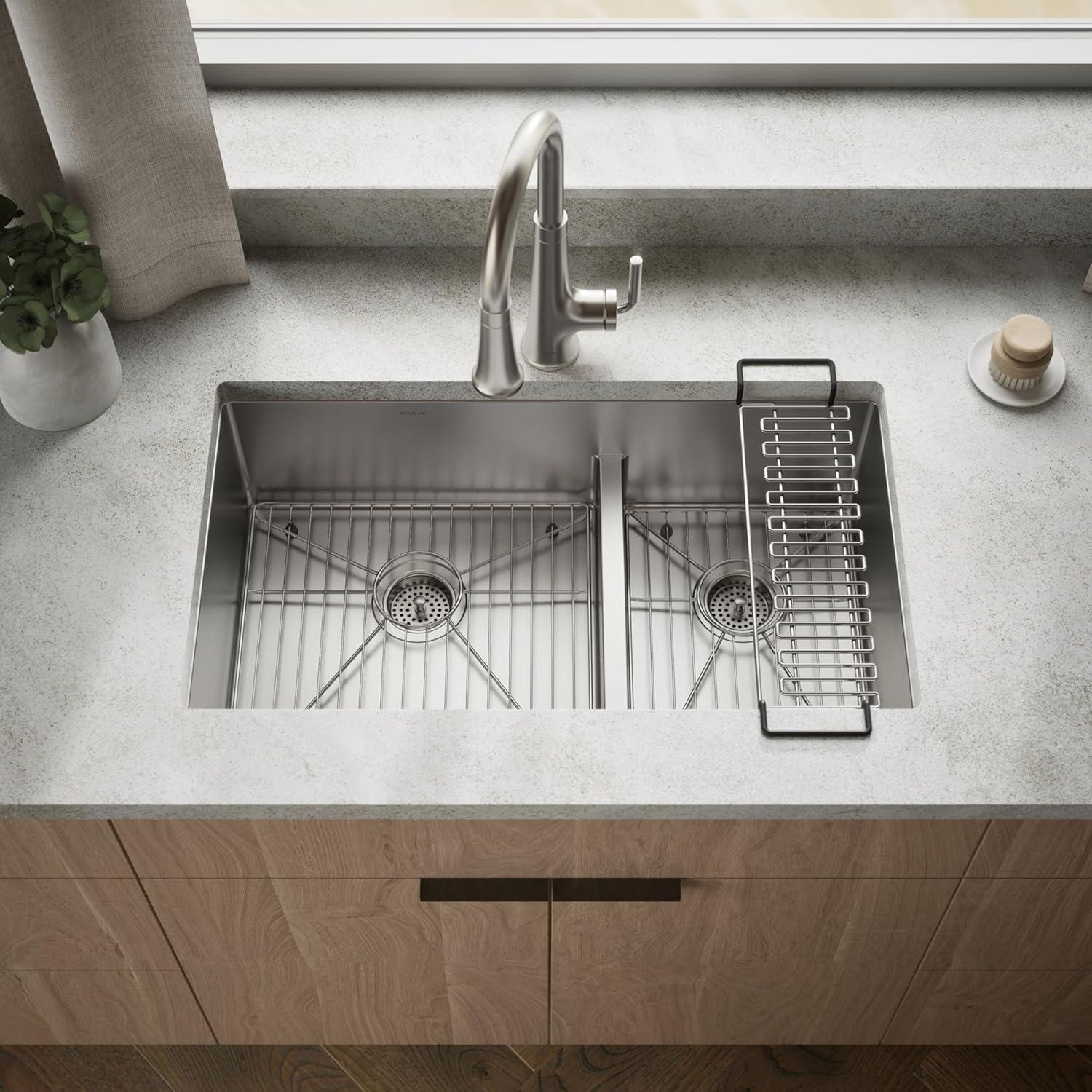 Strive 32" L x 18-5/16" W x 9-5/16" Smart Divide Under-Mount Large/Medium Double-Bowl Kitchen Sink with Basin Rack