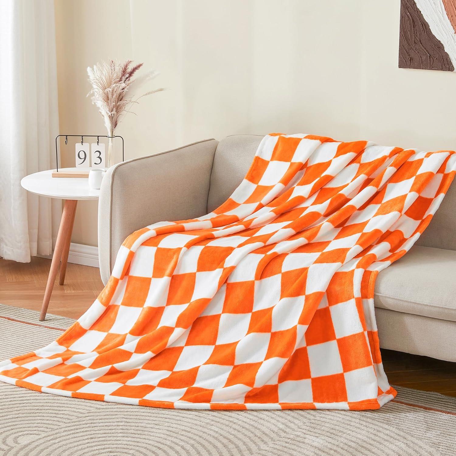 Checkered Throw Blanket for Couch and Bed, Luxurious Fleece Blanket with Checkerboard Grid Home Decor, Soft Cozy Orange and White Warm Blankets for Spring, 50"x60"