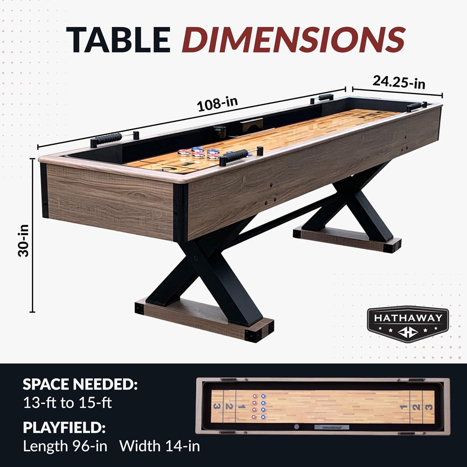 Hathaway Excalibur 9 Ft Shuffleboard Table for Arcade Game Room - With Poly-Coated Playfield, Built-In Abacus Scorer & Cabinet, Padded Gutters, X-Pattern Legs, 8 Pucks, Brush & Wax - Driftwood Finish